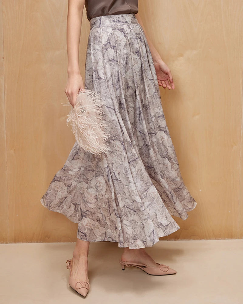 Elegant Marble Print Silk Maxi Skirt for Women - Flowy Long Skirt with High Waist - Perfect for Weddings, Parties & Boho Fashion