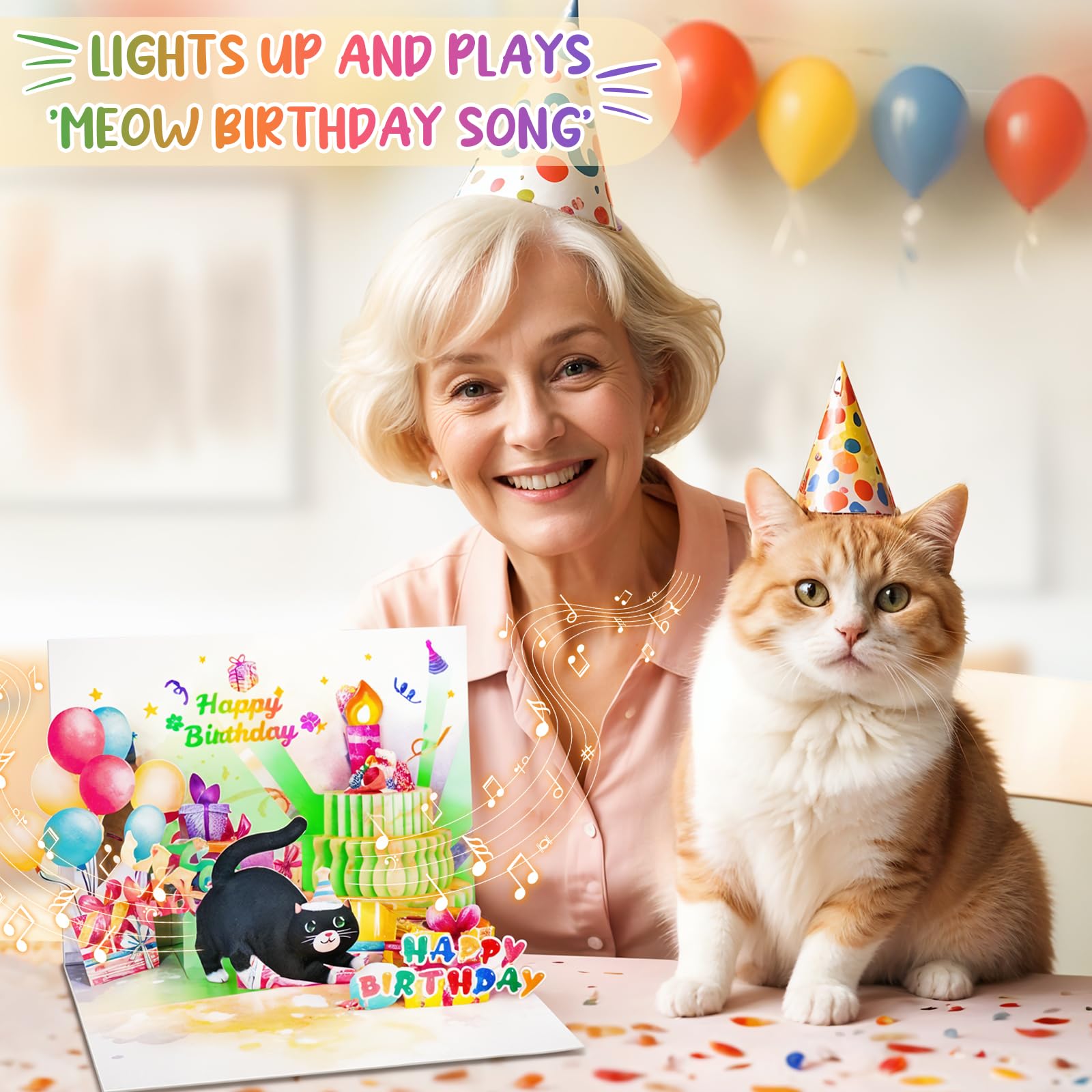 Funny Pop Up Birthday Card with Music, Lights & Blowable Candle - Cute Cat Design for Women, Men, Cat Lovers, Mom or Dad - Perfect Birthday Gift for Cat Lovers & Special Occasions