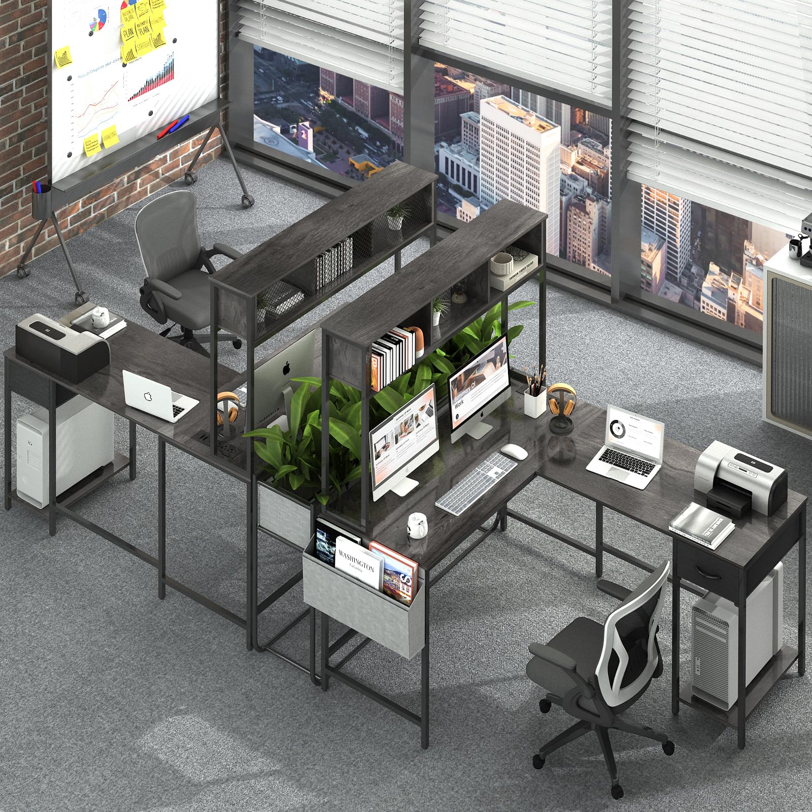 Yoobure L-Shaped Gaming Desk with LED Lights & Power Outlet - Reversible Corner Computer Desk with Storage Shelf, Drawer & Organizer Bag - Ergonomic Home Office Desk for 2 People (Gray) - Perfect for Small Spaces, Gaming Setups & Shared Workspaces