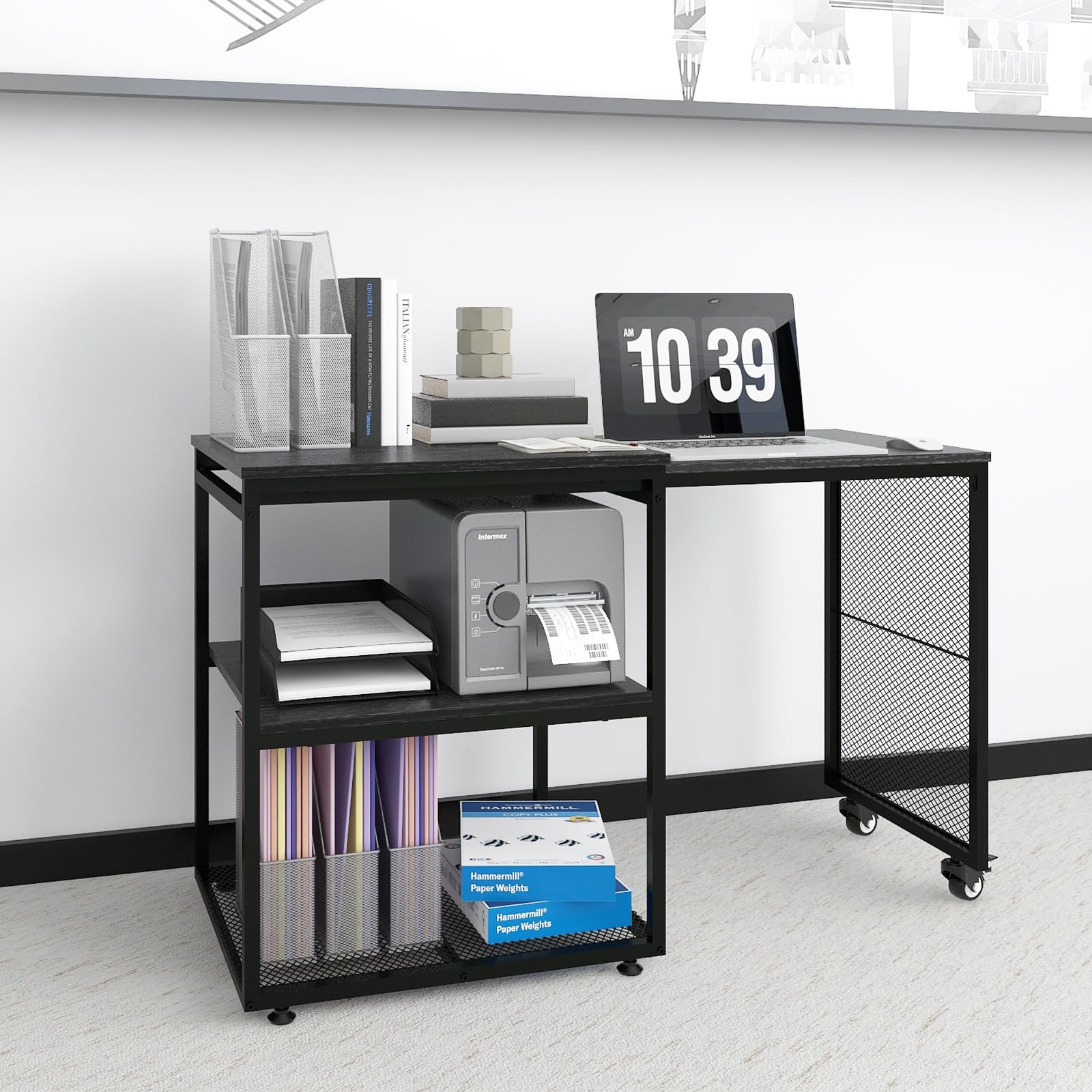 Natwind 24x20x29 Inch Large Printer Stand with Storage Shelves - Extendable Craft Desk for Home Office, Kitchen, Study & Living Room - Versatile Organization Table for Printer, Supplies & Decor (Black) - Perfect for Small Spaces & Multi-Purpose Use