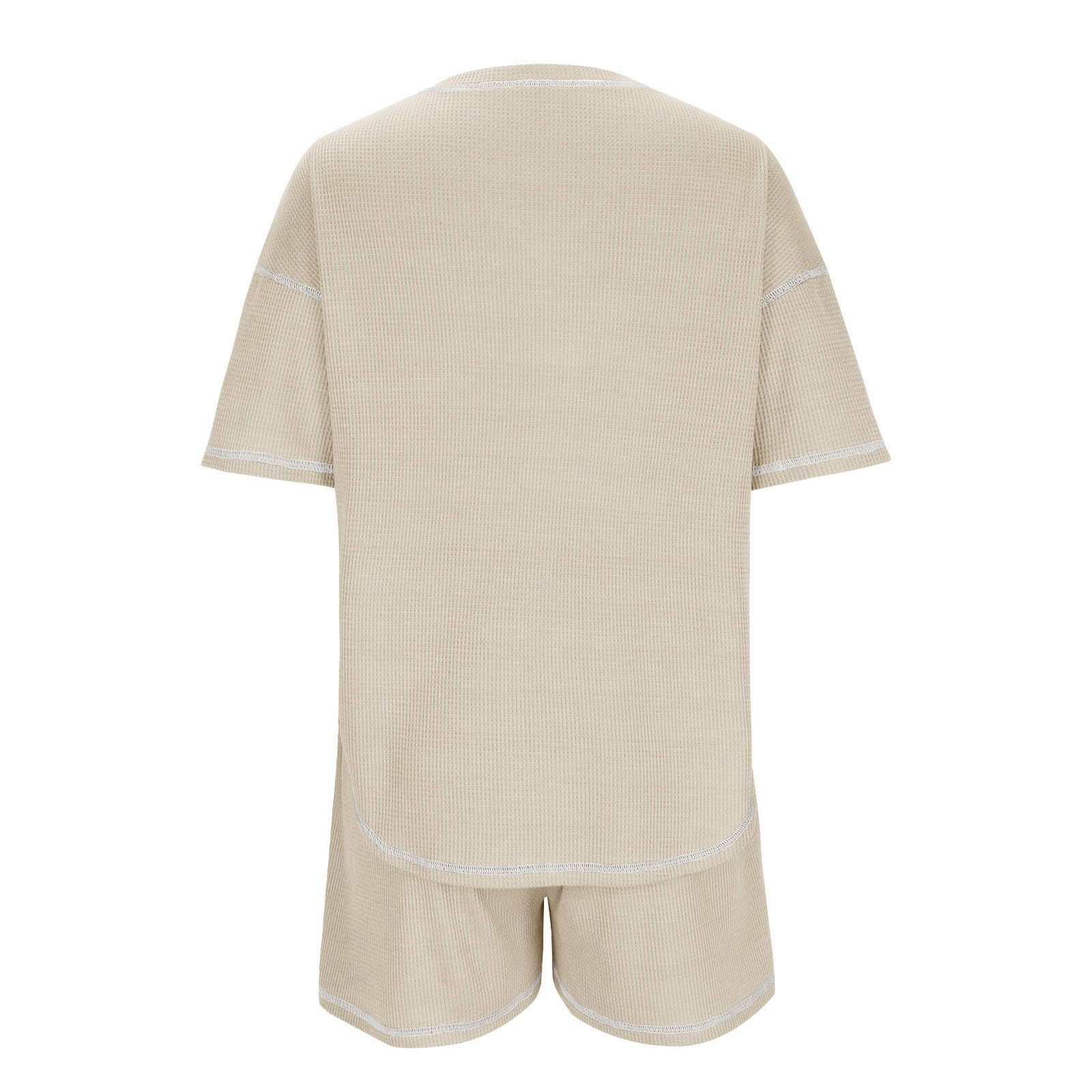 Women's 2-Piece Knit Waffle Lounge Set - Comfy Short Sleeve Top & Pocket Shorts | Summer Sleepwear, Casual Outfits & Home Wear 2024 Collection
