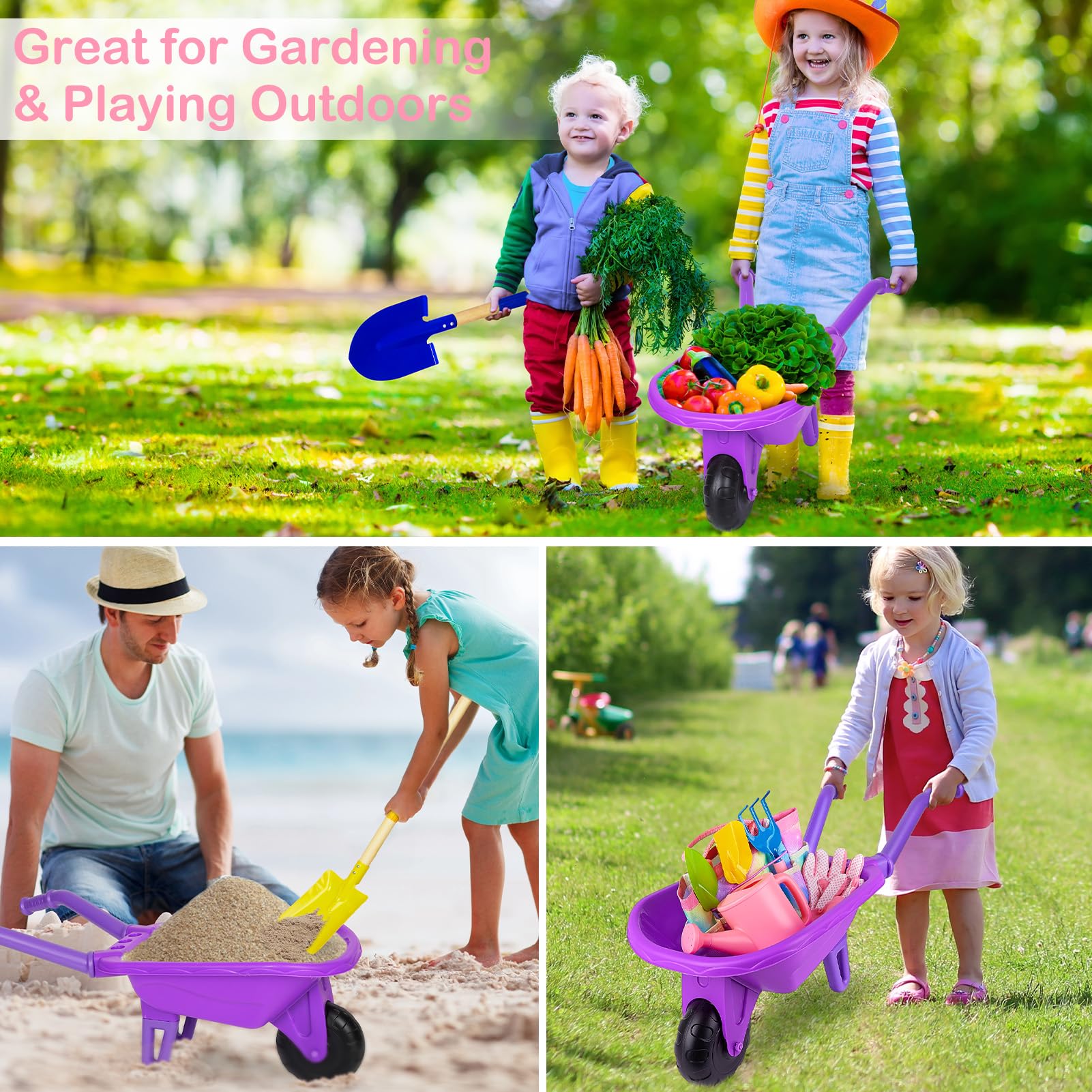 **Kids Gardening Tools Set - Outdoor Pretend Play Toys with Wheelbarrow, Shovels, Rakes, Watering Can, Gloves & Tote Bag - Educational DIY Sticker for Toddlers, Boys & Girls - Perfect for Beach, Sandbox & Garden Play**