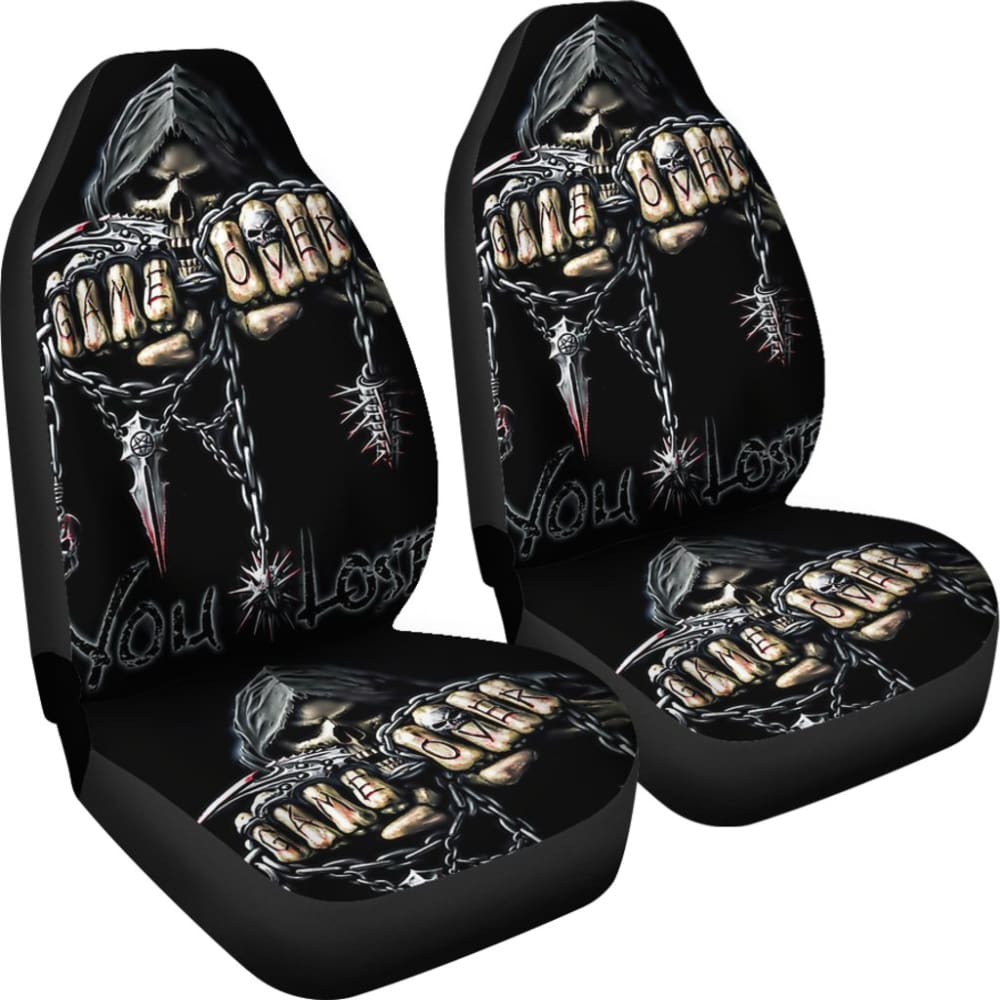 2 Pcs Gothic Game Over Skull Car Seat Covers - Universal Fit for Cars, Trucks & SUVs - Unique Skull Design for Gamers & Horror Fans - Perfect for Halloween, Cosplay & Car Shows