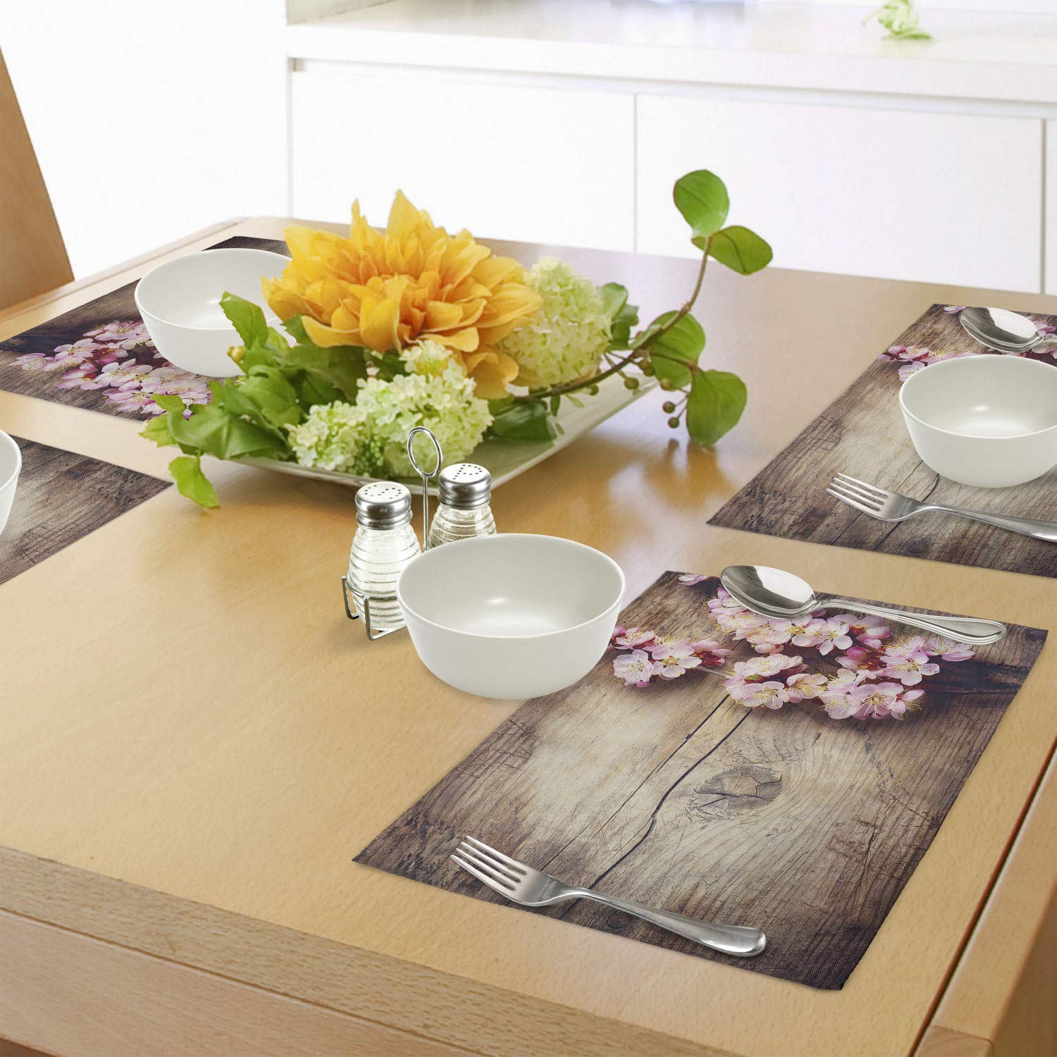 Ambesonne Floral Place Mats Set of 4 - Spring Blossom Farmhouse Style Washable Fabric Placemats for Dining Table, Brown & Pink, Standard Size - Perfect for Countryside Decor, Romantic Dinners & Spring Table Settings
