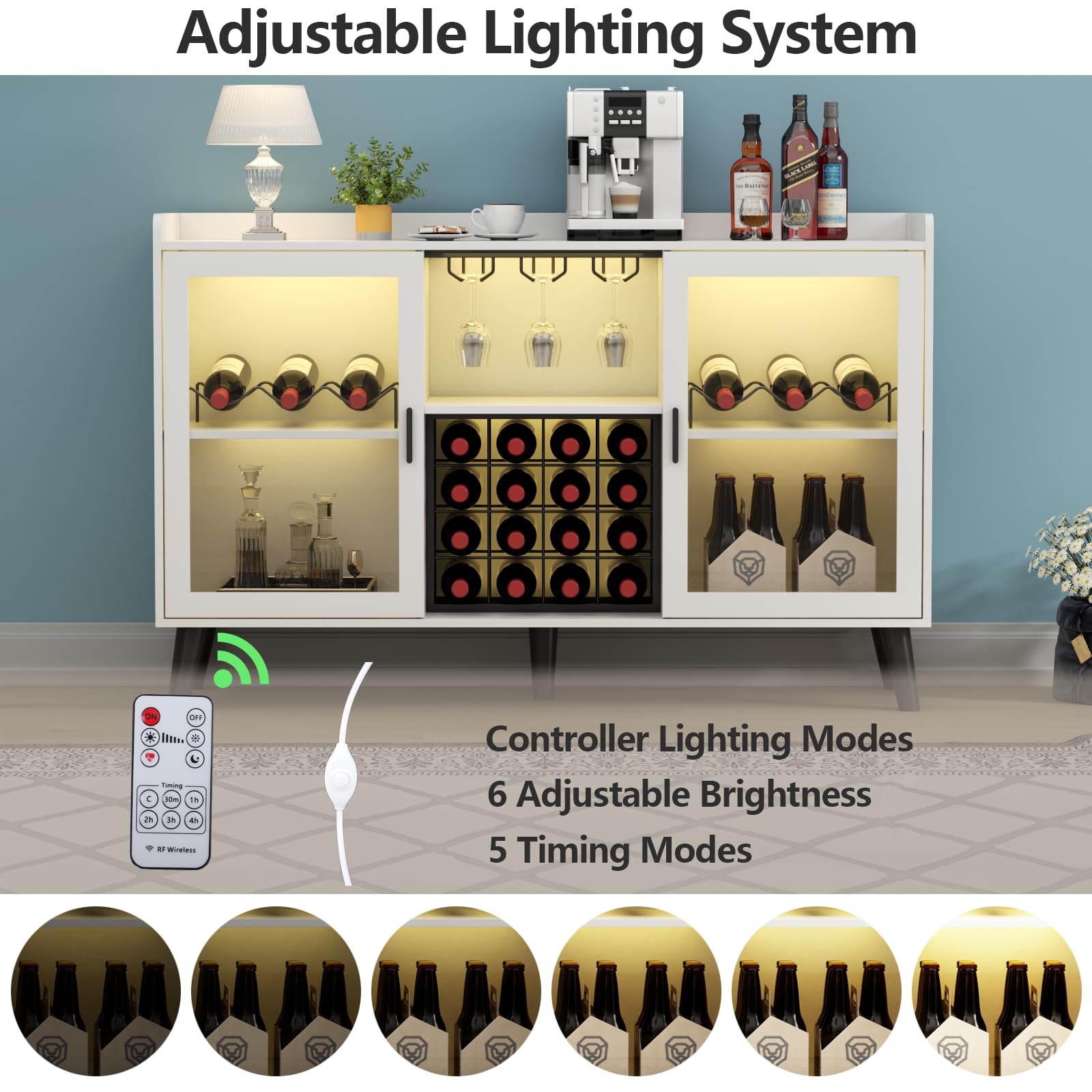 Modern Wine Bar Cabinet with LED Lights - Freestanding Kitchen Sideboard Buffet with Wine Rack, Glass Holder & Storage Shelves - White Glass Door Liquor Cabinet for Home, Dining Room & Entertaining Spaces