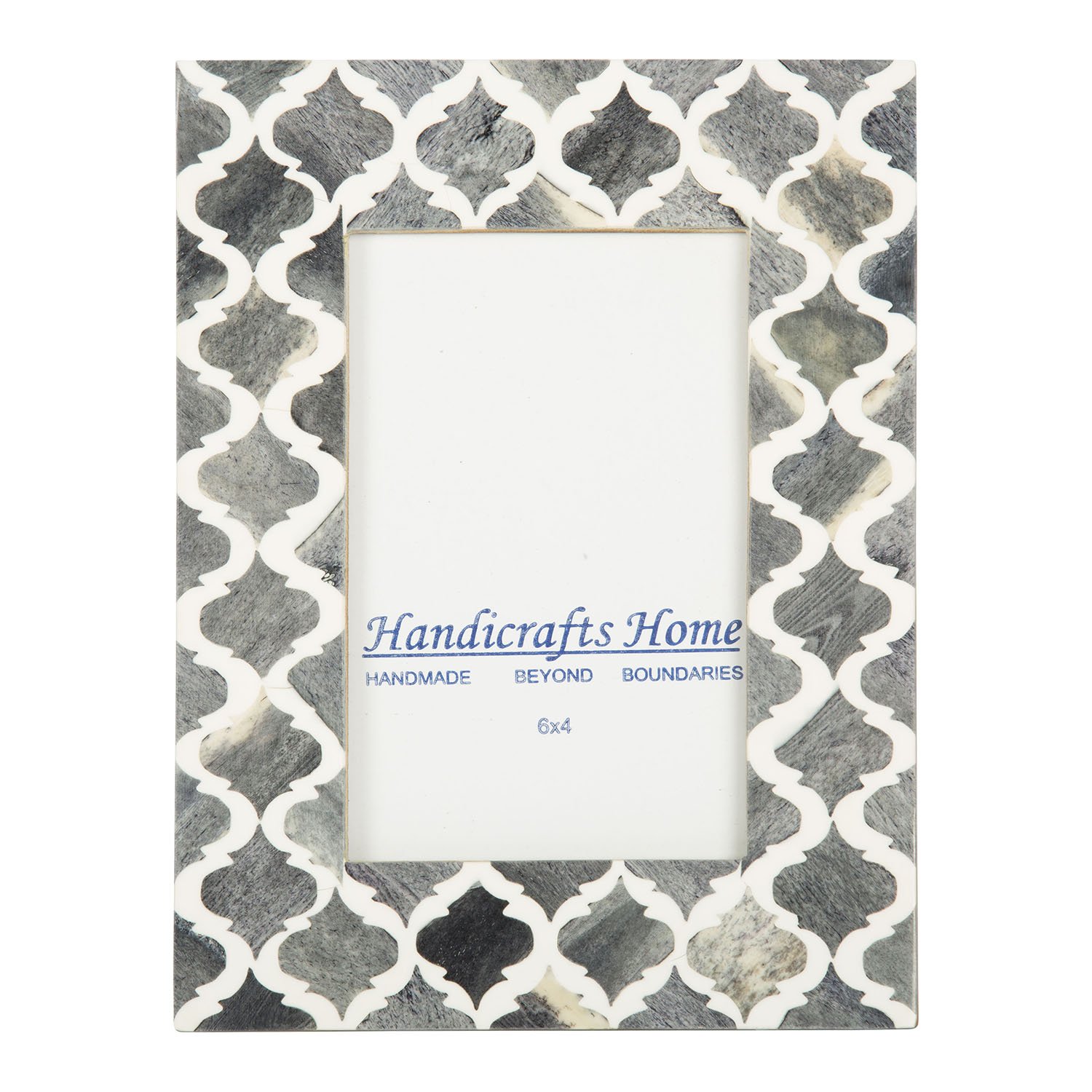 Handmade Moroccan Arts Inspired 4x6 Picture Frame - Grey & White Wooden Photo Frame for Wall Decor, Home & Office Display | Perfect for Family Photos, Artwork & Gifts