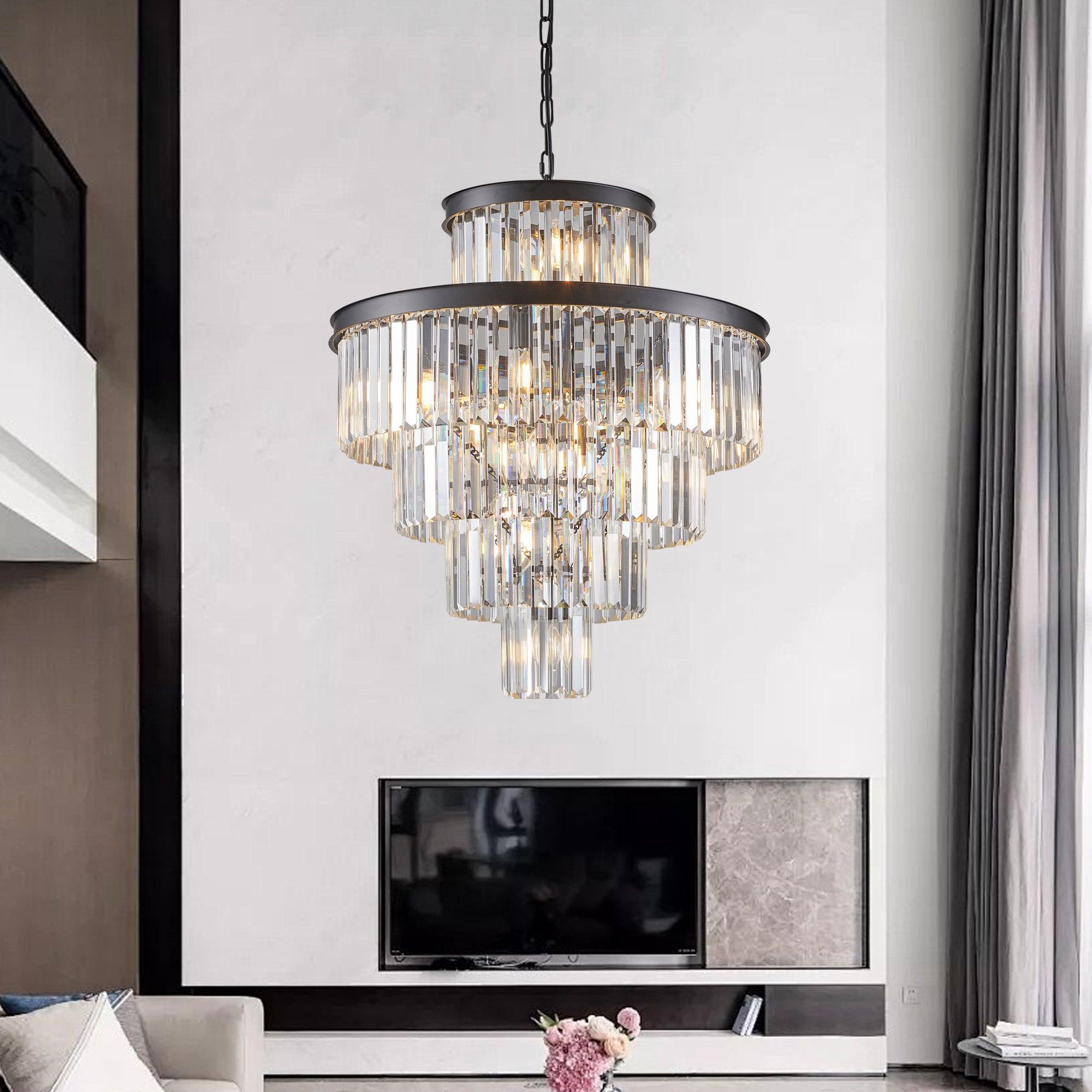 Elegant Black Crystal Chandelier - 23.6 Inch Modern Hanging Pendant Light Fixture for Dining Room, Bedroom & Living Room - Luxury Home Decor Lighting for Weddings, Parties & Interior Design