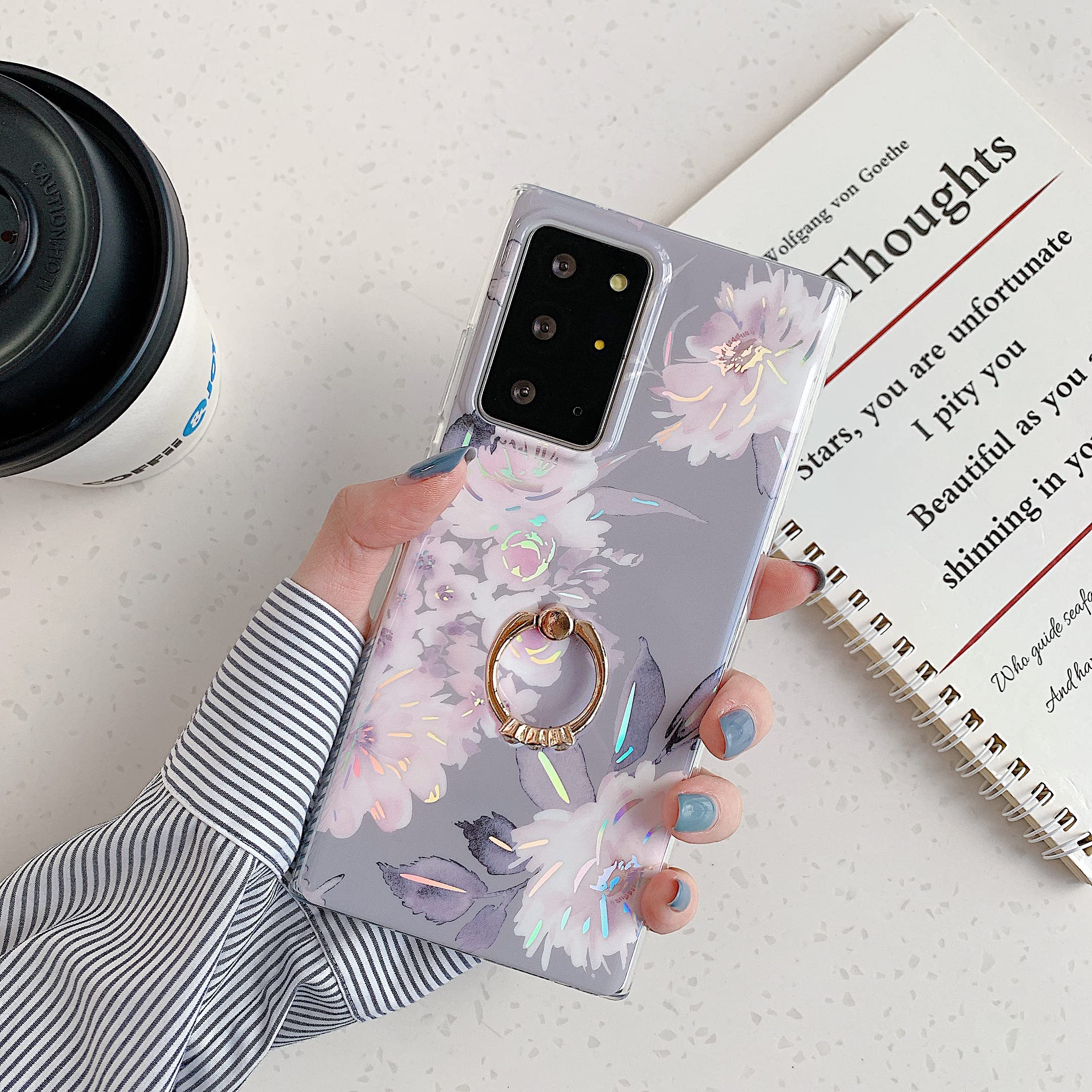 Qokey Cute Floral 360° Rotating Ring Holder Kickstand Case for Samsung Galaxy A32 5G (6.5