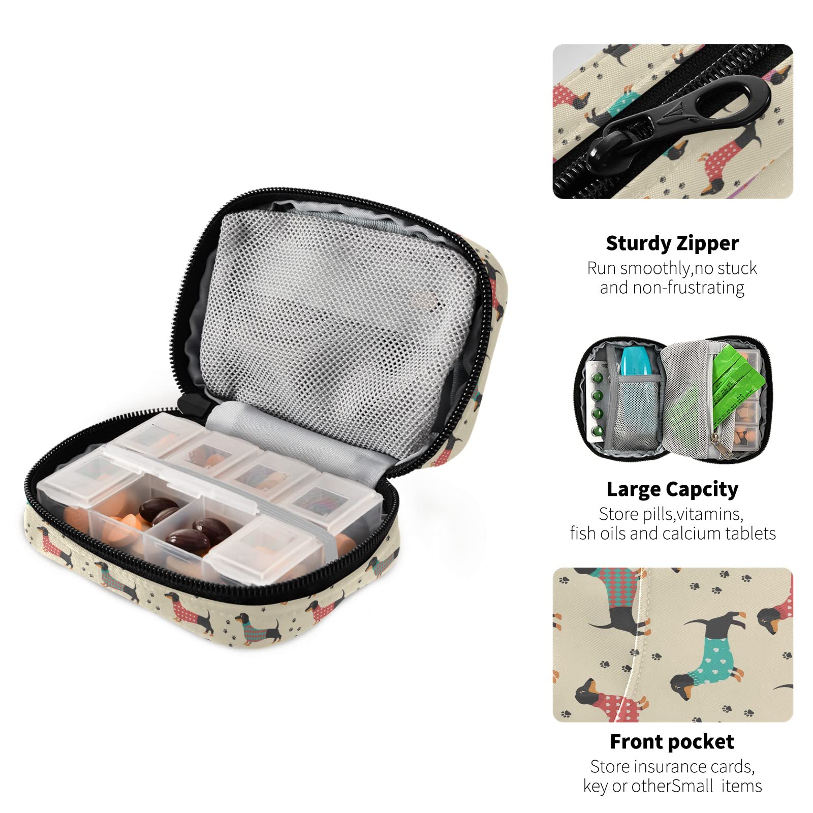 Funny Dachshund Dog Travel Medicine Organizer - Compact Portable Pill Case for Vitamins & Supplements | 7-Day Zippered Pill Box for Travel, Family & Business | Perfect for Vacations, Daily Medication & On-the-Go Lifestyle