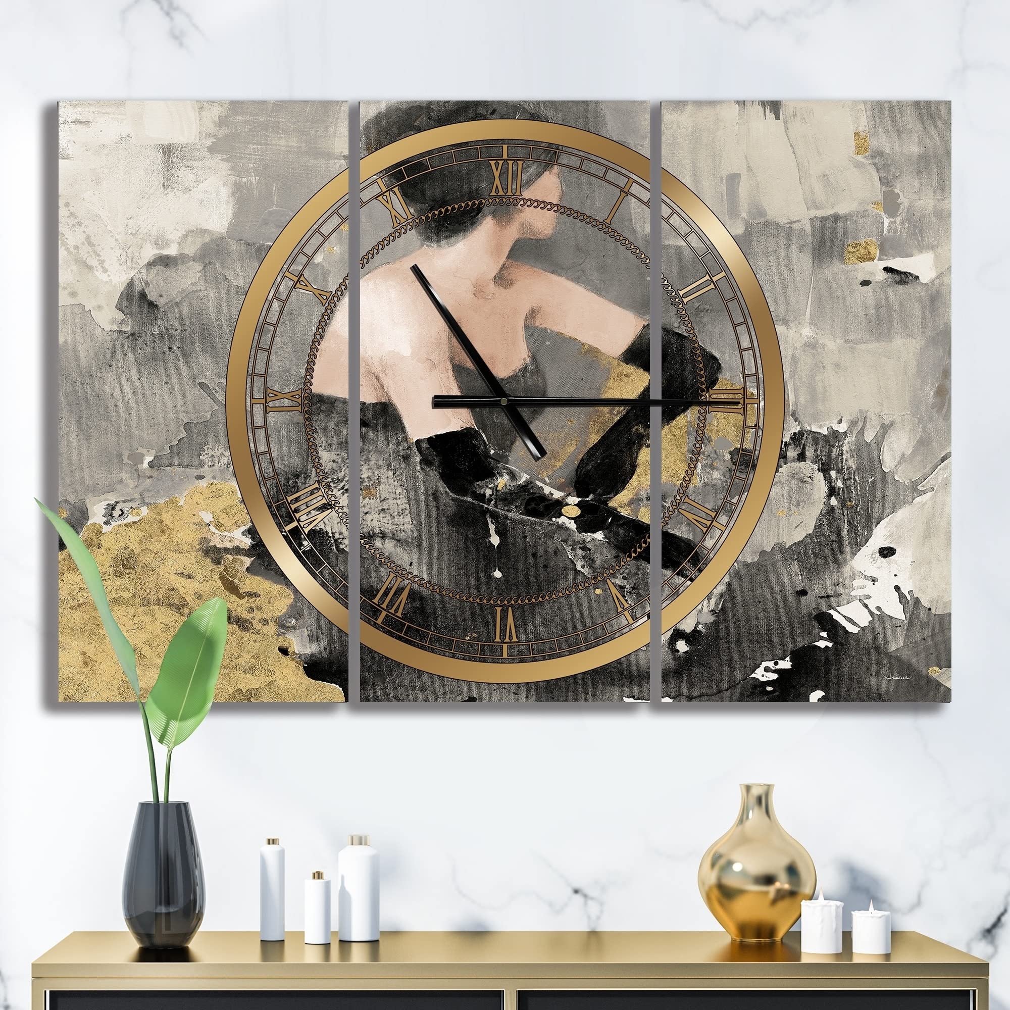 Designart 'Gold Fashion Dance' Glamorous 3-Panel Large Wall Clock - 36