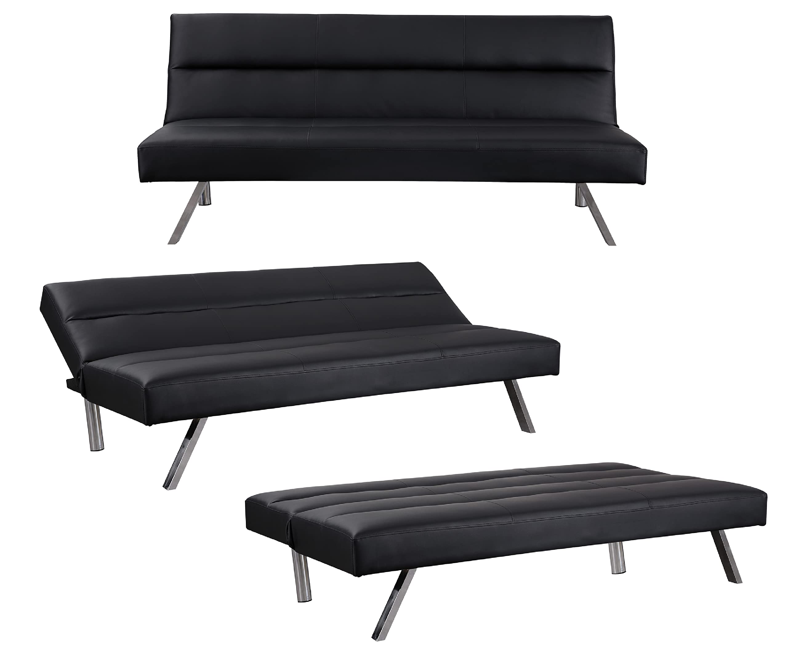 Naomi Home Zoe Faux Leather Futon Sofa Bed - Modern Convertible Folding Couch with Chrome Legs, Reclining Mini Sofa for Small Spaces | Perfect for Apartments, Dorms, Living Rooms & Guest Bedrooms (Black)