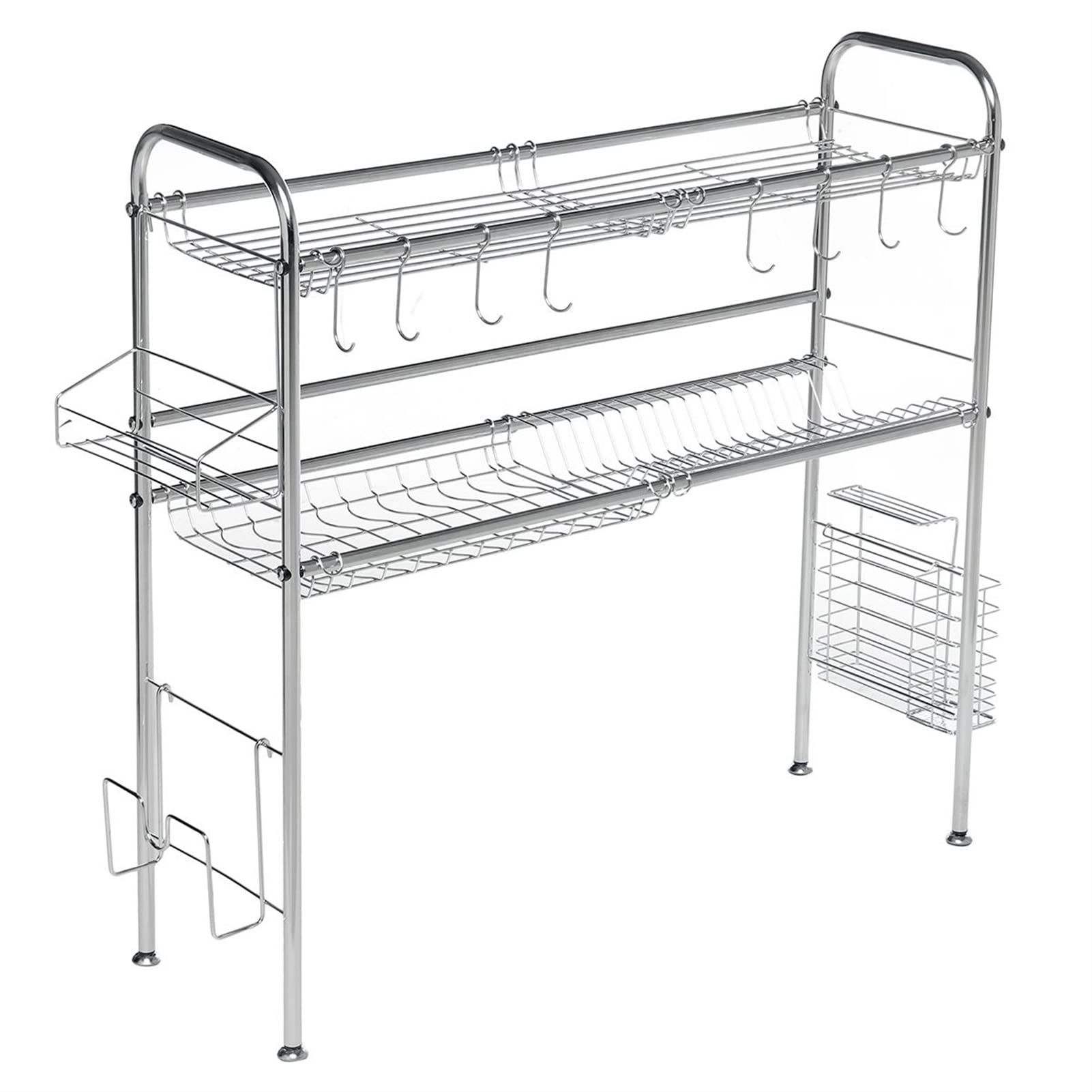 2-Tier Stainless Steel Over The Sink Dish Drying Rack with Utensil Holder & Non-Slip Feet - Large Space-Saving Kitchen Drainer for Dishes, Cups & Cookware - Perfect for Small Kitchens & Apartments