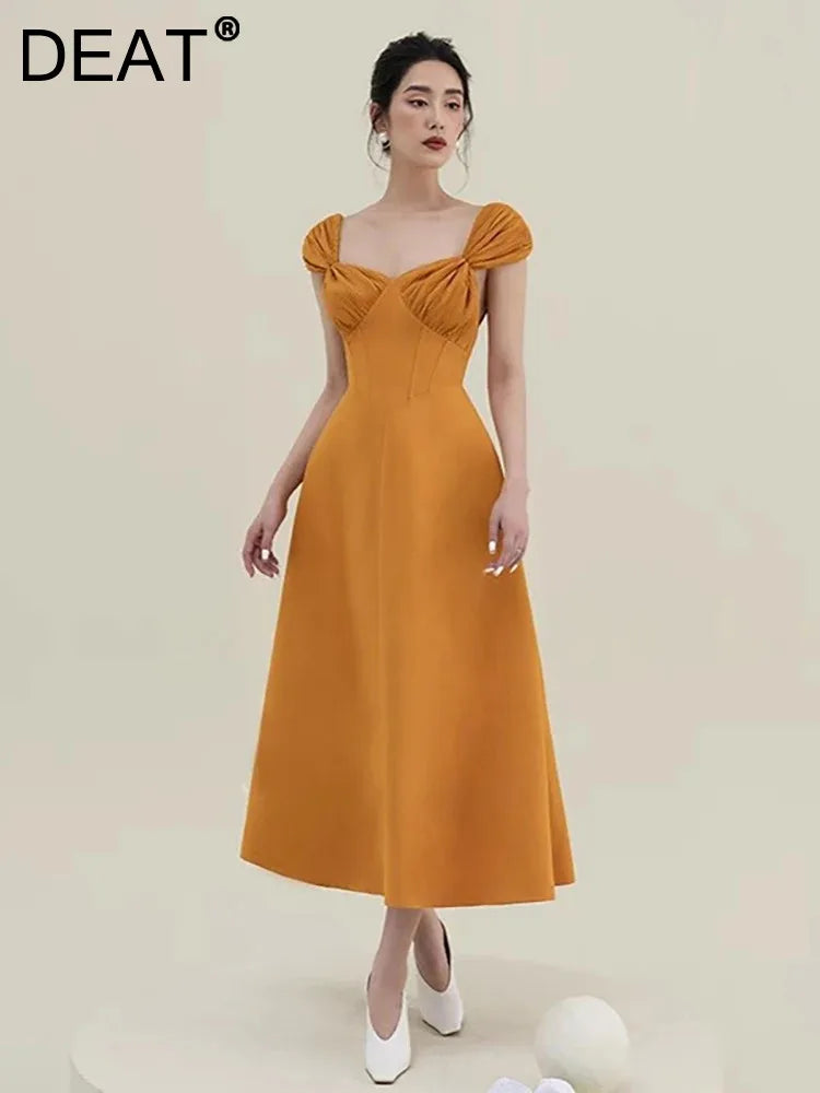 DEAT Women's Backless Square Neck Pleated Sleeveless Dress with Bow Detail - Casual Spring Summer Fashion Dress for Party, Date Night & Vacation | Style 13DB3266