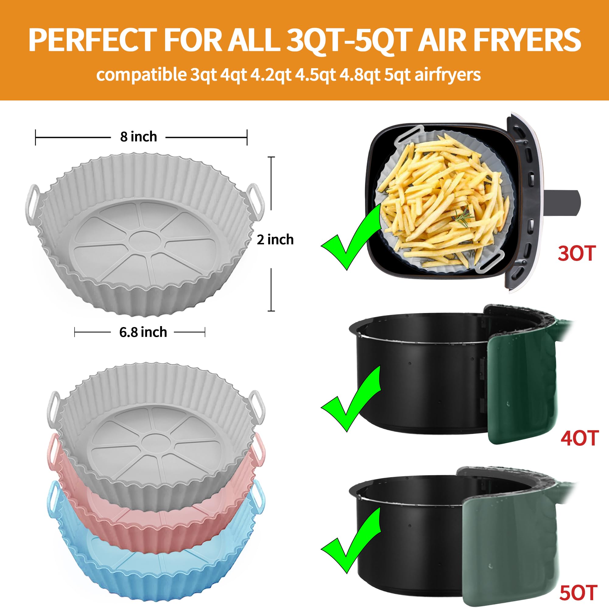 3-Pack Non-Stick Silicone Air Fryer Liners for 3QT-5QT Air Fryers | Reusable, Heat-Resistant & Parchment Paper Replacement | Perfect for Cooking, Baking & Roasting Chicken Wings, Fries & Vegetables