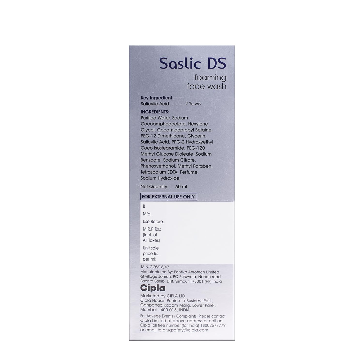 Saslic DS Foaming Face Wash for Sensitive Skin - 60ml (Pack of 2) - Gentle Daily Cleanser for Acne & Oily Skin Care Routine