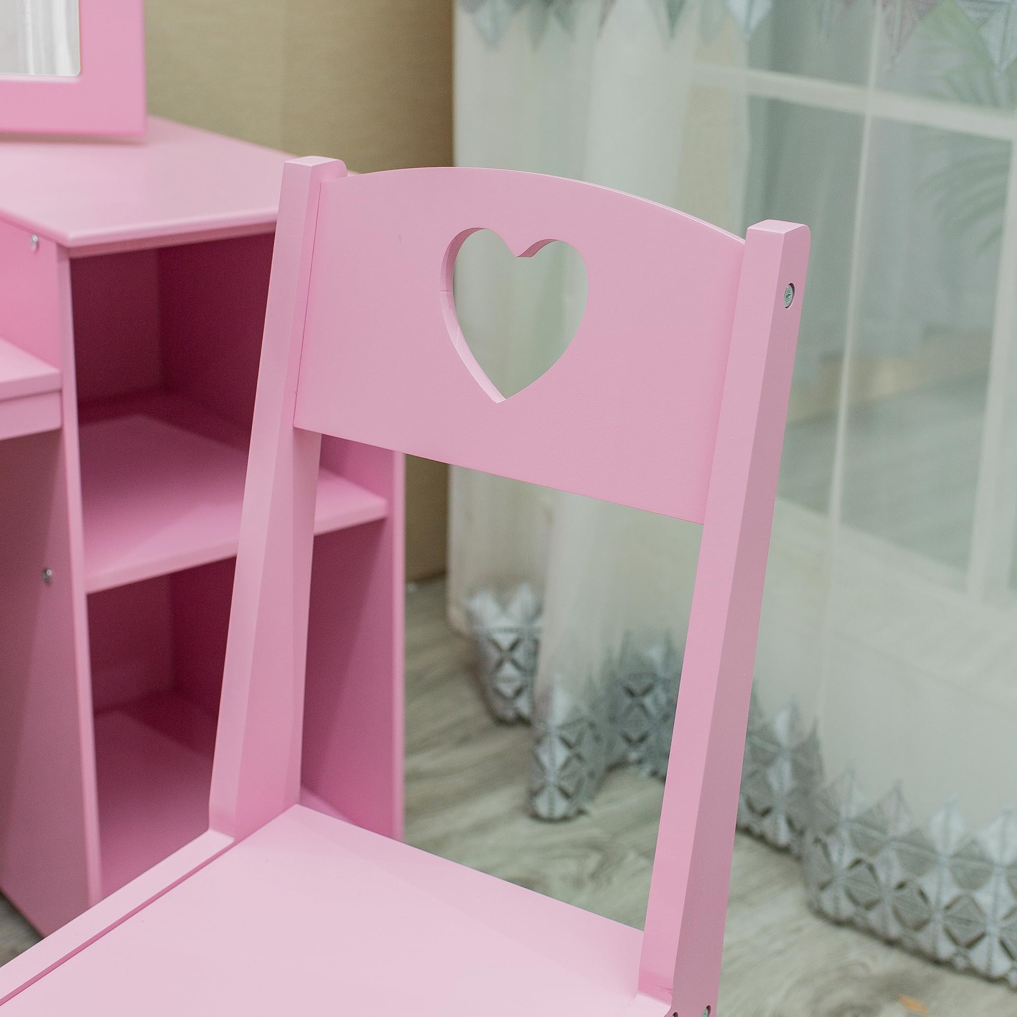Princess Makeup Vanity Table for Girls - 2 in 1 Kids Wooden Dressing Table with Touch Light, Detachable Tri-Folding Mirror & Open Storage Shelves - Perfect for Bedroom Decor, Birthday Gifts & Pretend Play