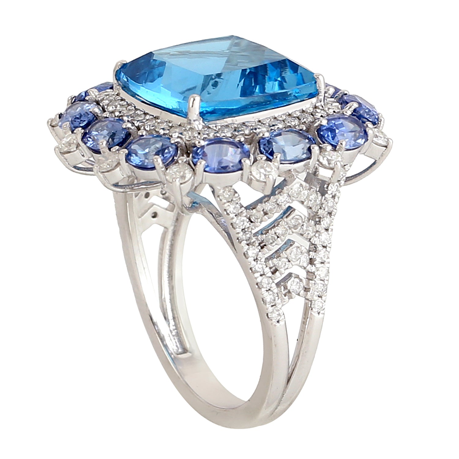 Exquisite Cushion Cut Blue Topaz & Oval Blue Sapphire Pave Diamond Cocktail Ring in 14K White Gold – Perfect for Evening Parties, Weddings & Special Occasions