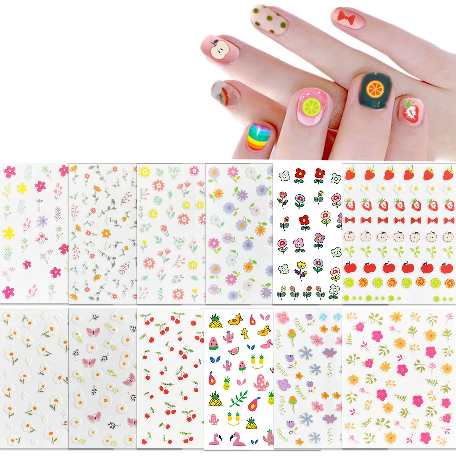 WOKOTO 12 Sheets Flower Nail Stickers for Kids - Cute Floral, Fruits & Cherry Nail Art Decals for Girls | Self-Adhesive Cartoon Nail Stickers | Perfect for Birthday Parties, Playdates & DIY Nail Art