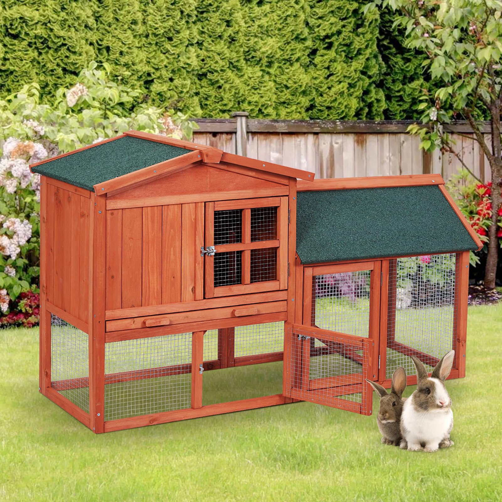 54'' Rabbit Hutch Indoor Outdoor - 2-Story Wooden Rabbit Cage & Chicken Coop for Guinea Pigs - Pet House with Run, Pull-Out Tray & Asphalt Roof - Perfect for Backyard, Garden or Patio Small Animal Shelter
