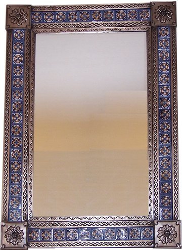 Handmade Big Brown Escudo Talavera Tile Tin Mirror - Authentic Mexican Wall Decor for Bathroom, Kitchen, or Living Room