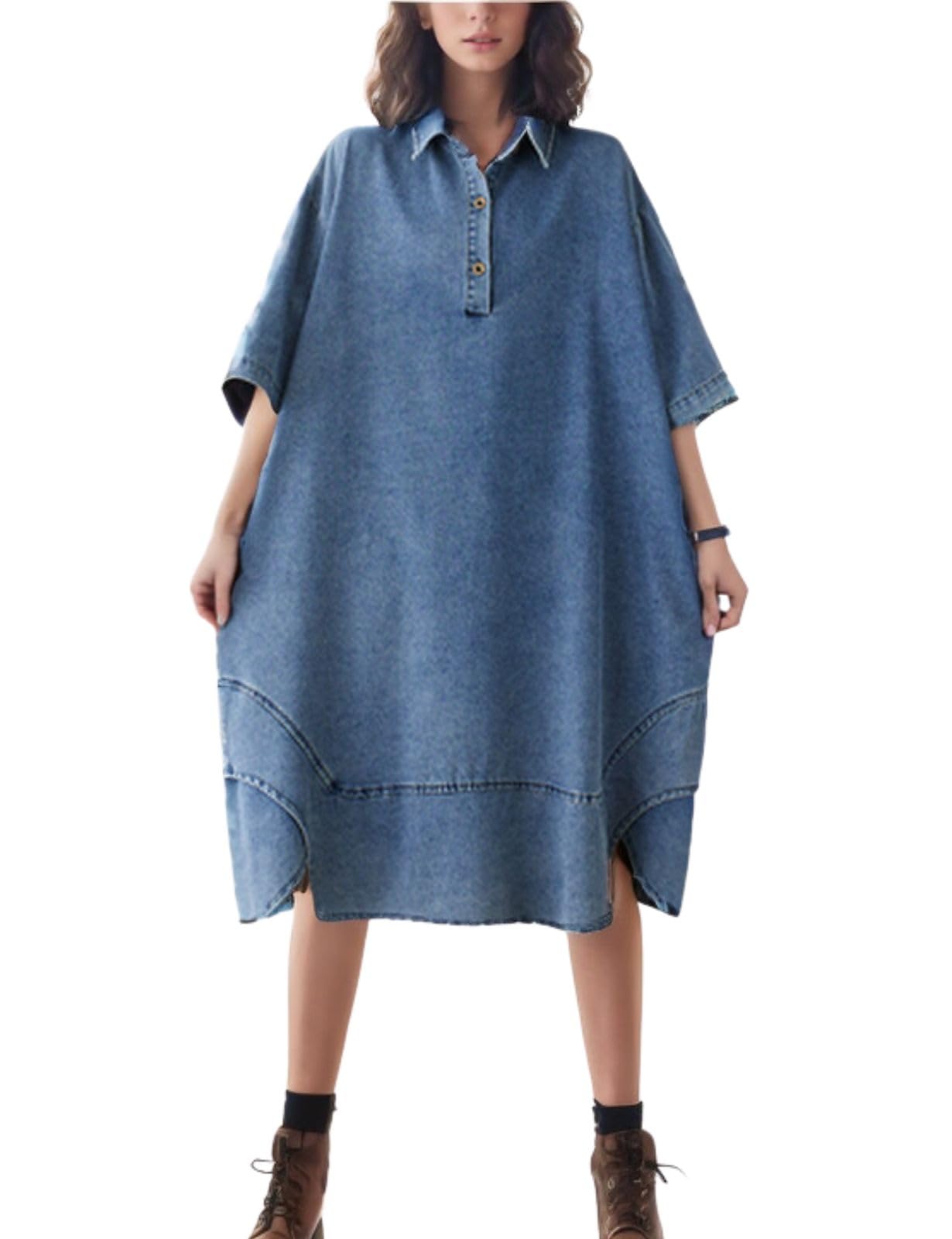 Kwoki Women's Oversized Denim Shirt Dress - Roll Up Short Sleeve Button Up Collared Jean Tunic with Pockets | Casual Summer Outfit, Beach Cover Up, Streetwear Fashion