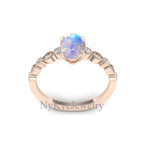 Natural Moonstone Engagement Ring - Vintage Art Deco Rose Gold Women's Ring - 925 Sterling Silver Solitaire Gemstone Ring - Handmade Antique Jewelry for Weddings, Anniversaries & Special Occasions