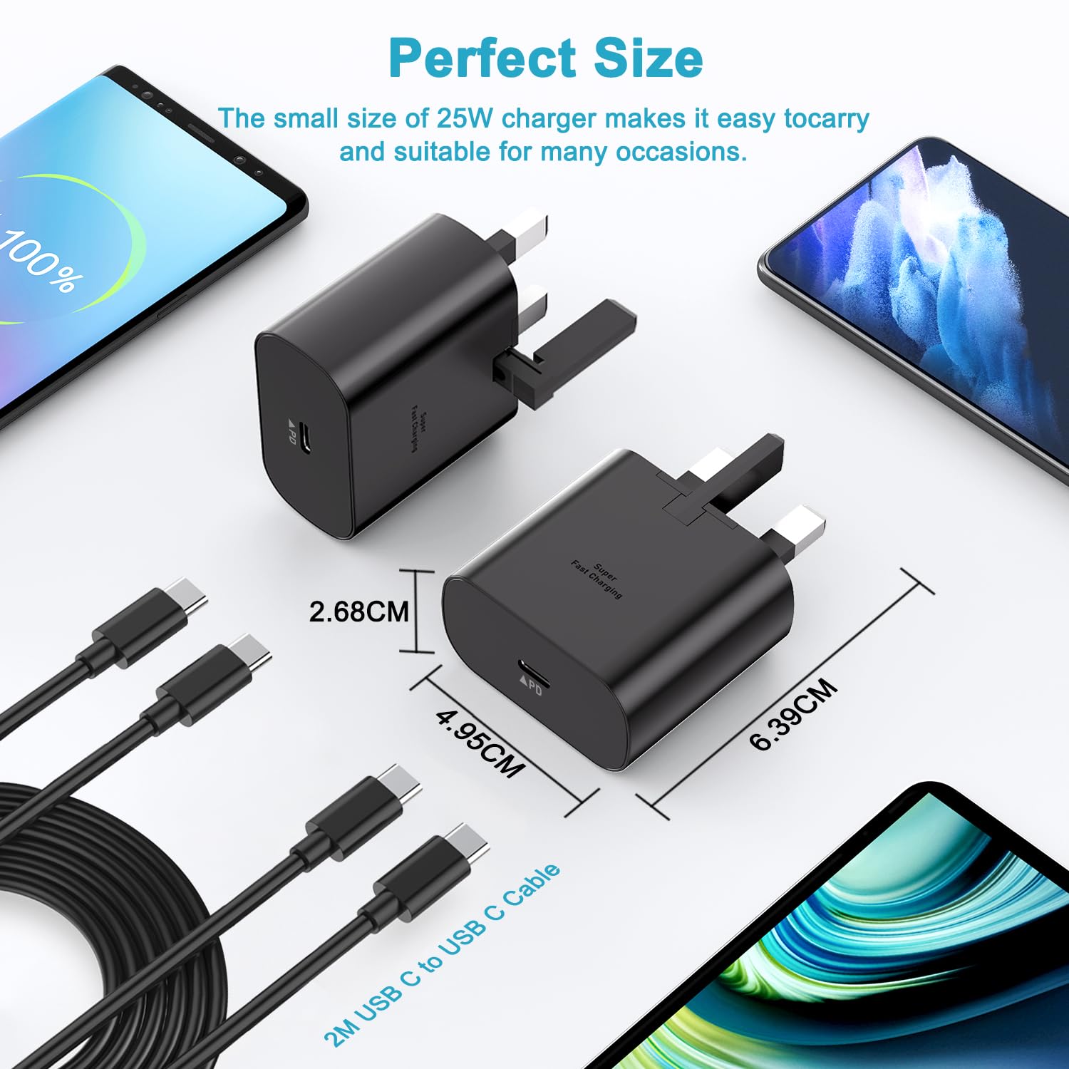 25W Super Fast Charger Plug & 2M USB-C Cable 2-Pack for Samsung Galaxy S24/S23 Ultra/S23+/S22 Ultra/S22/S21/S20 FE/A53 - Rapid Charging for Home, Office & Travel