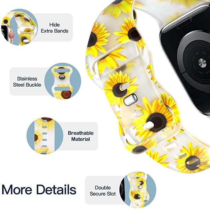Witzon Cute Transparent Apple Watch Bands 42mm 44mm 45mm - Soft Silicone Sport Strap Replacement for iWatch Series 7/6/5/4/3/2/1/SE - Butterfly & Sunflower Design - Perfect for Workouts, Swimming & Everyday Wear