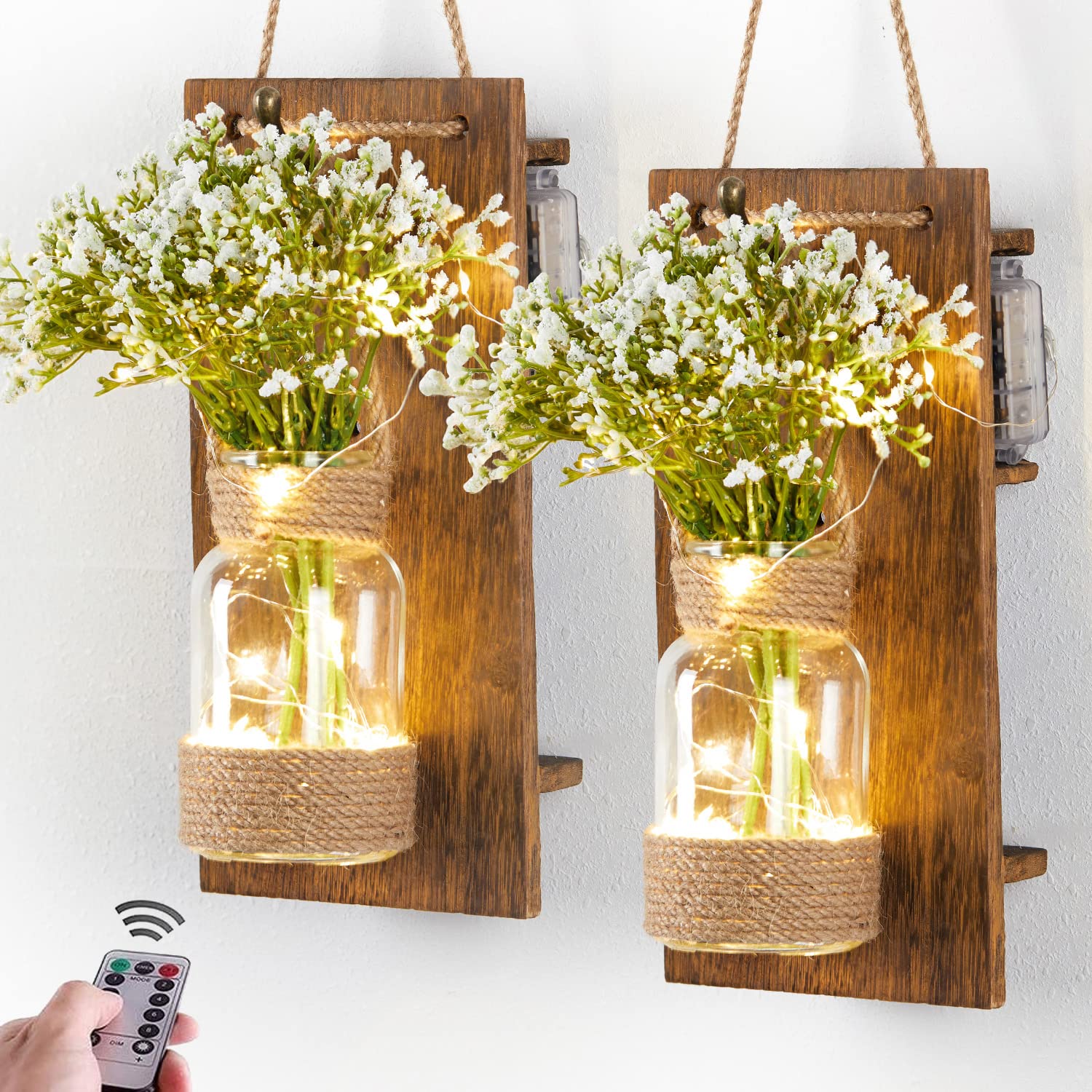 Anna's Whimsy 2-Pack Mason Jar Wall Sconce with Remote Control LED Fairy Lights - Rustic Artificial Baby's Breath Flowers for Spring Home Decor, Perfect for Living Room, Bedroom, and Wedding Centerpieces