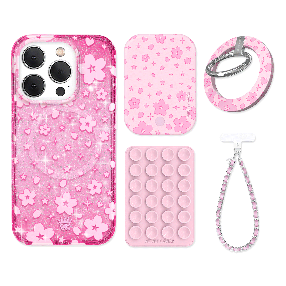 Cherry Blossom Glitter iPhone Case with Grip - Cute Floral Phone Cover for iPhone 13/14/15 Pro Max - Non-Slip Shockproof Protection - Perfect for Daily Use, Travel & Selfies