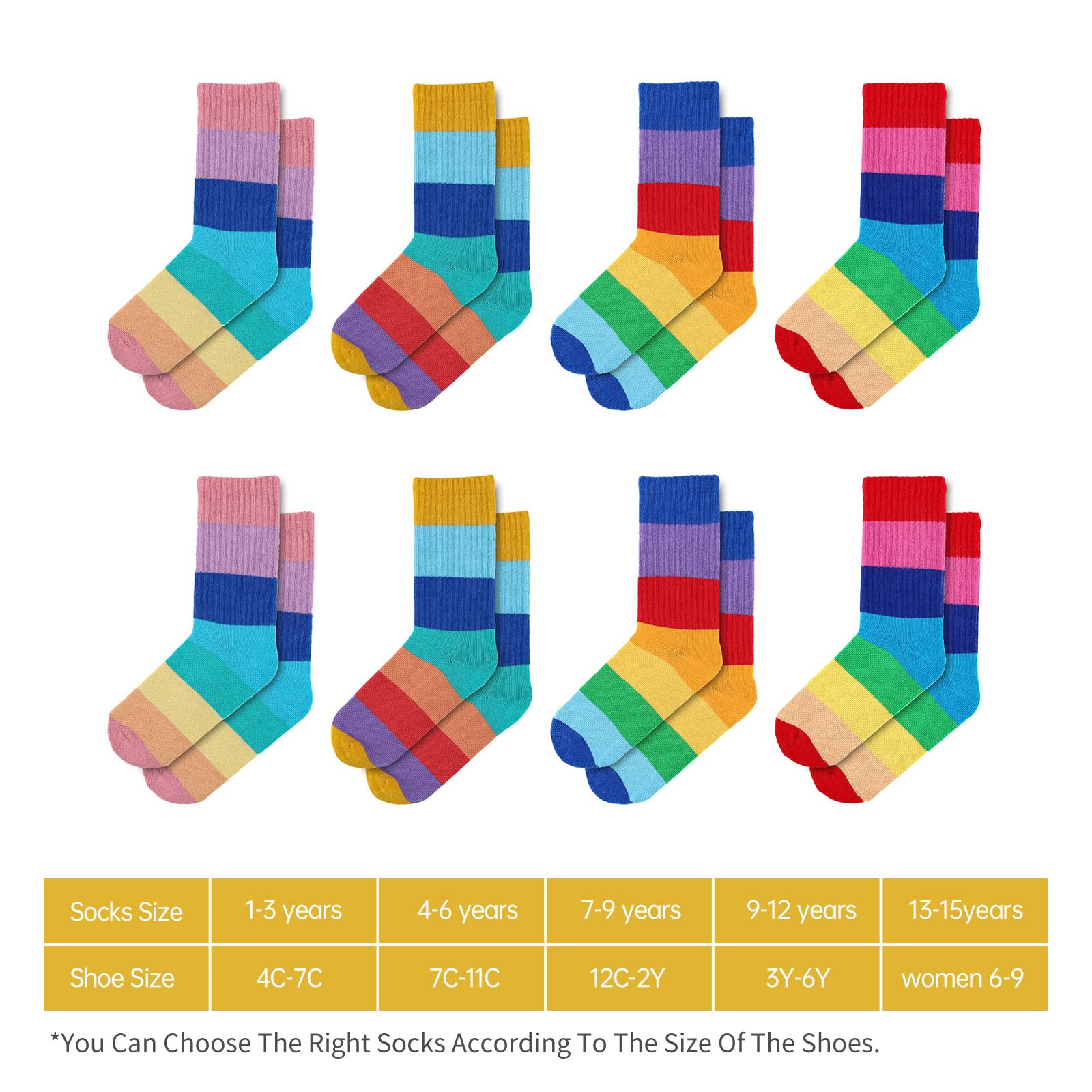 MINI PANDA 8 Pairs Girls Crew Socks - Colorful Rainbow Striped Cotton Socks for School, Sports & Everyday Wear