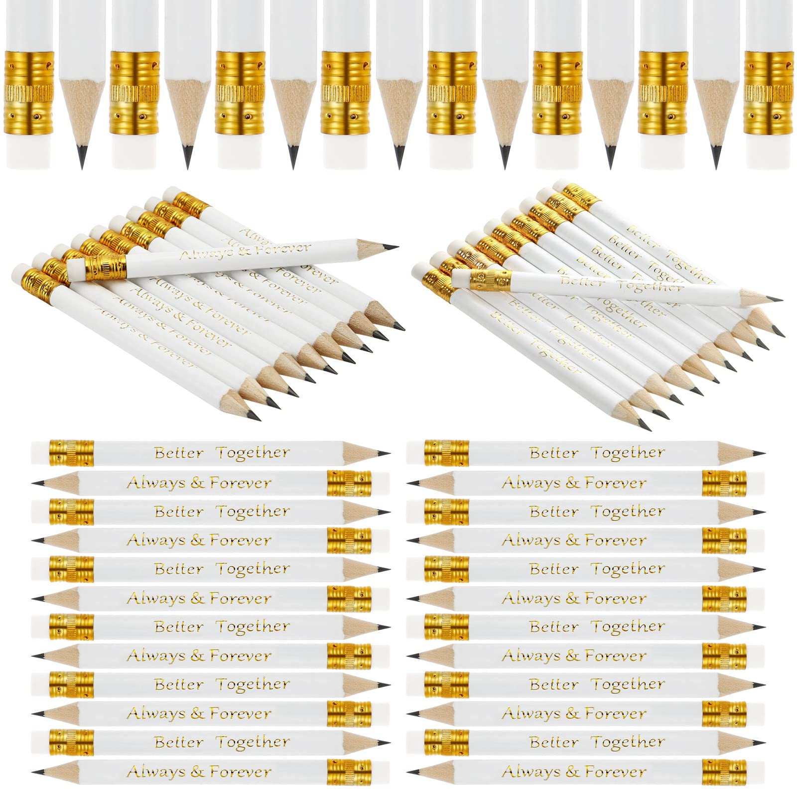 40-Pack White & Gold Mini Golf Pencils with Eraser - 4 Inch Bridal Wedding Pencils Printed 'Better Together' & 'Always and Forever' - Perfect for Bridal Showers, Wedding Favors, School Supplies & Party Giveaways