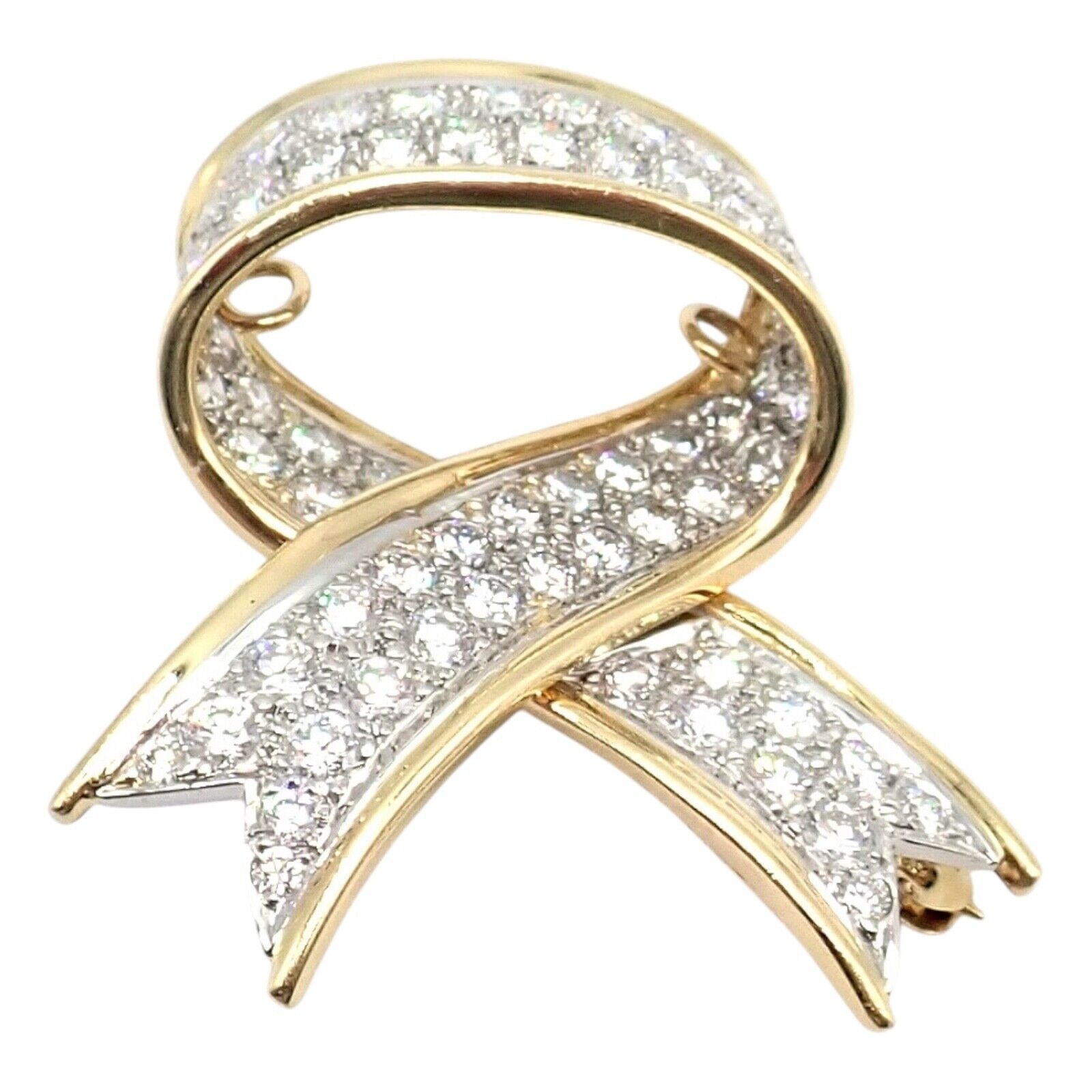 Vintage Tiffany & Co 18k Yellow Gold Platinum Diamond Ribbon Bow Pin Brooch - Elegant Jewelry for Women, Perfect for Weddings, Parties & Special Occasions