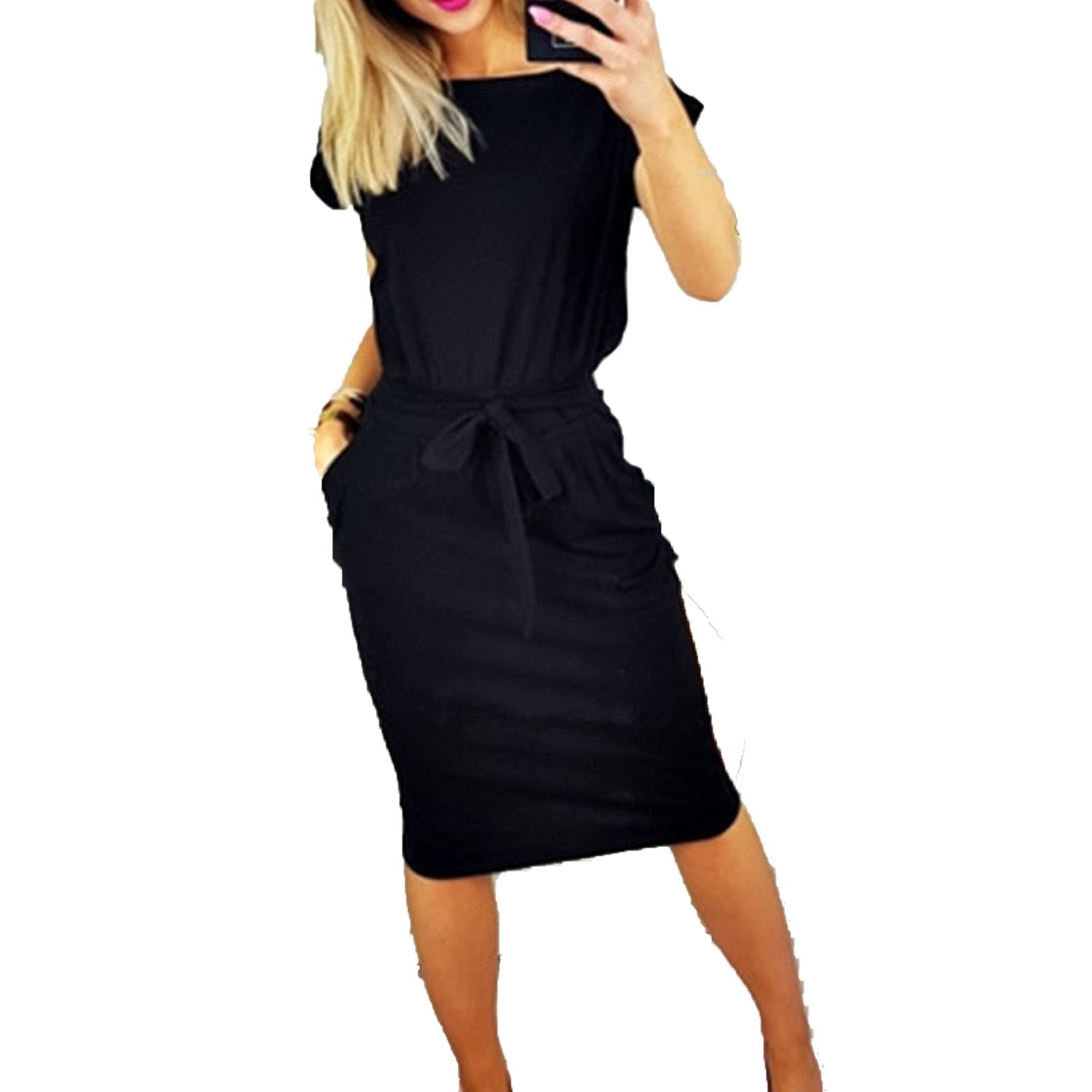 Women's Summer Short Sleeve Crewneck Dress - Basic Solid Tie Waist Pencil Dress with Pockets & Belt | Elegant Casual Wear for Office, Date Night & Summer Outings