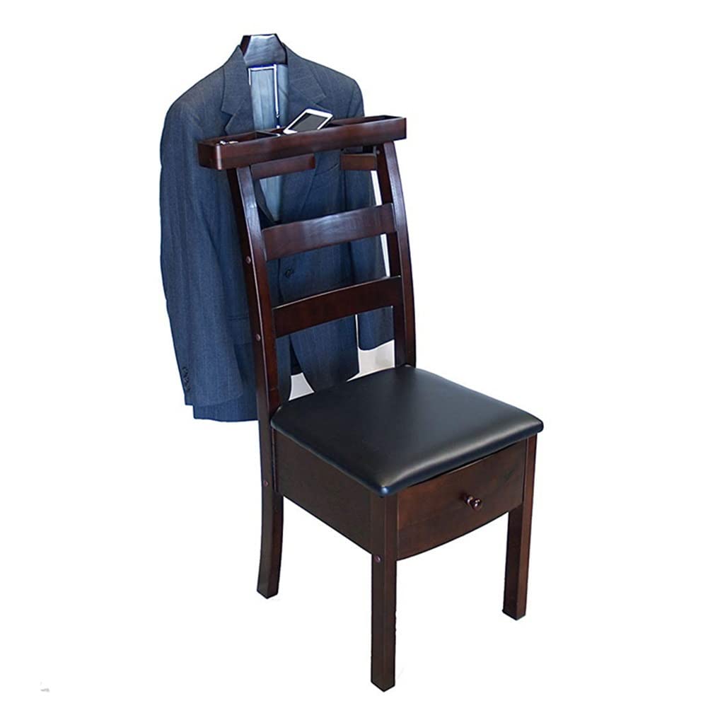 Gentleman's Valet Chair with Top Tray & Drawer - Wooden Suit Valet Stand for Men | Closet Organization, Wardrobe Storage & Office Chair with Hanger | Perfect for Bedroom, Dressing Room & Home Office Organization