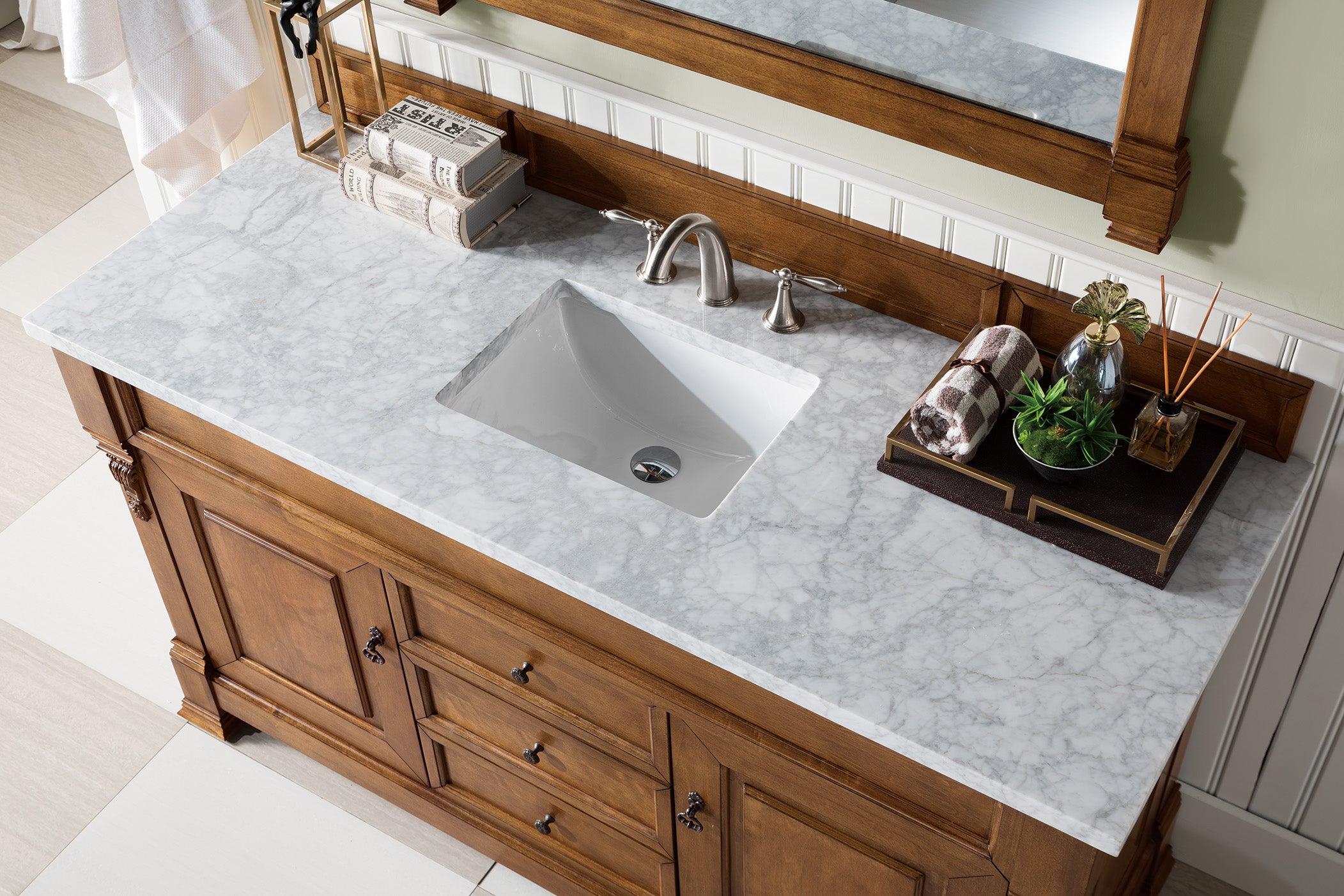 Brookfield 60 Inch Single Bathroom Vanity with Country Oak Finish & 3CM Carrara Marble Top - Perfect for Modern Farmhouse & Rustic Bathroom Designs