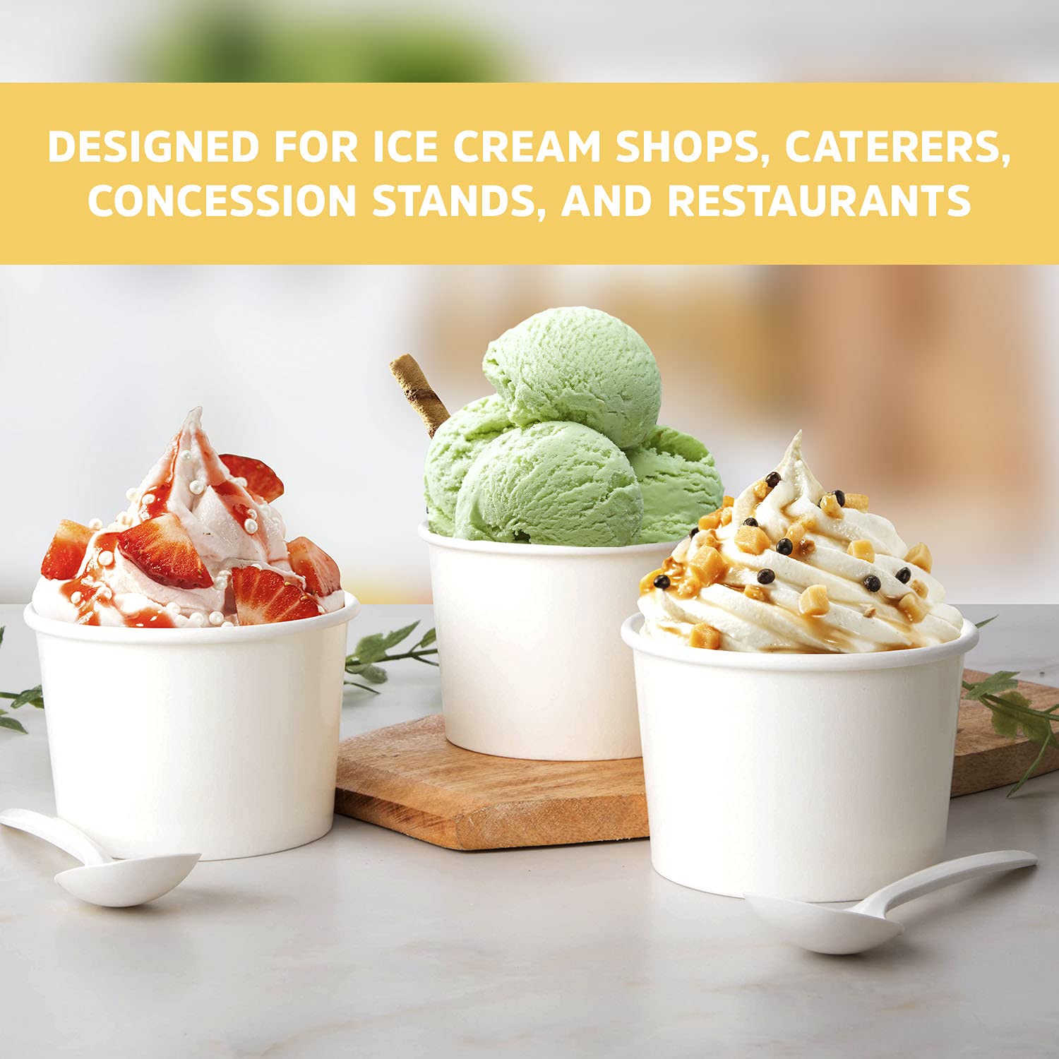 Promora 12oz Disposable Paper Ice Cream Cups with Spoons - 50 Count, White | Eco-Friendly Bowls for Hot Soup, Dessert, Frozen Yogurt | Perfect for Parties, Catering, Ice Cream Shops & Home Use