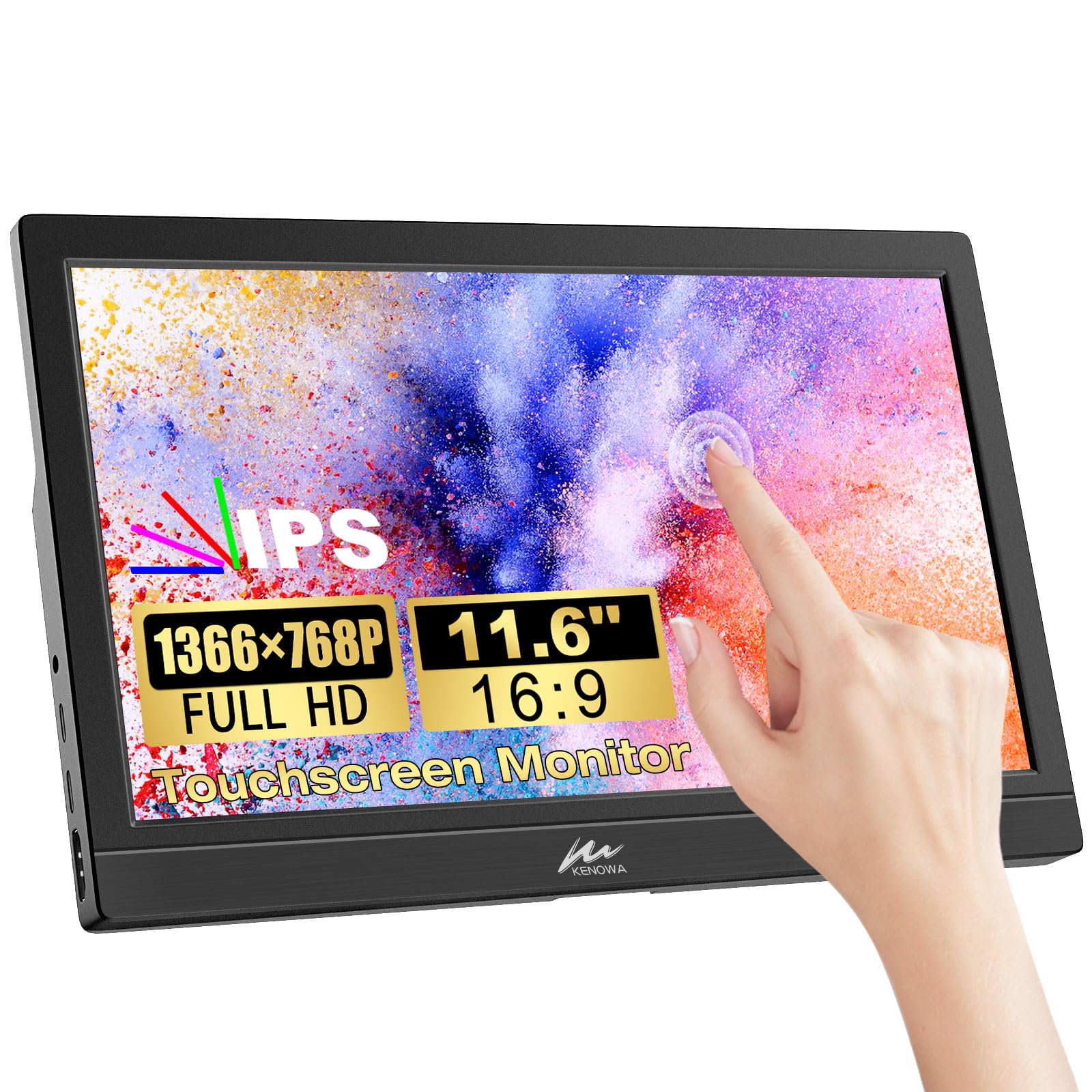 Kenowa 11.6 Inch Portable Touchscreen Monitor with HDR, 1366x768 Resolution, Eye Care Technology, HDMI & USB Type-C - External Display for Raspberry Pi, Laptop, PC, PS3, PS4, Xbox - Perfect for Gaming, Office Work, and Remote Learning