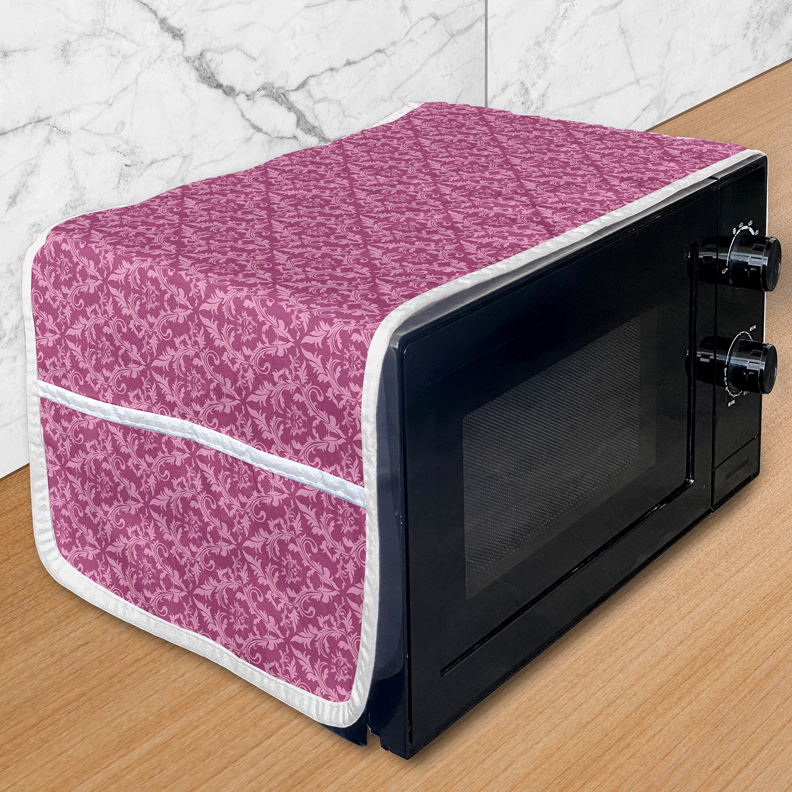Ambesonne Pink Damask Microwave Cover - Victorian Floral Print, Water Resistant Kitchen Organizer with Pockets, 36