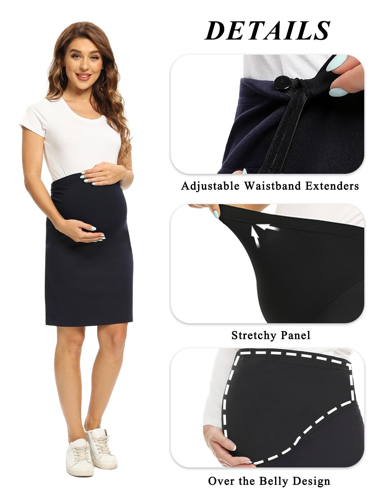 Tapata Women's Maternity Skirt - Over The Belly Stretchy Pencil Skirt with Adjustable Waistband for Pregnancy - Comfortable Midi Length for Work, Office & Everyday Wear