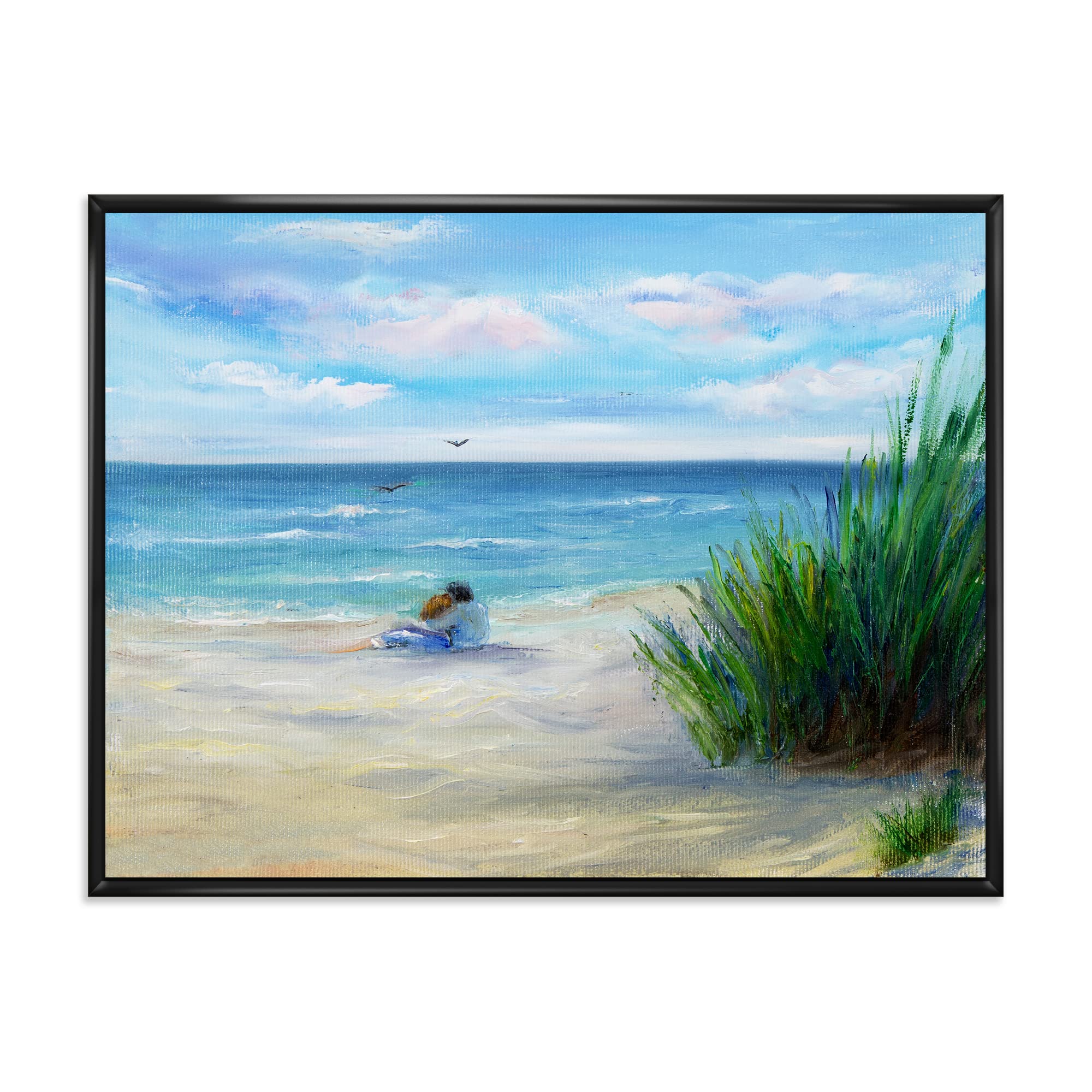 DesignQ Romantic Beach Couple - Nautical Coastal Framed Canvas Wall Art Print for Living Room, Bedroom & Beach House Decor