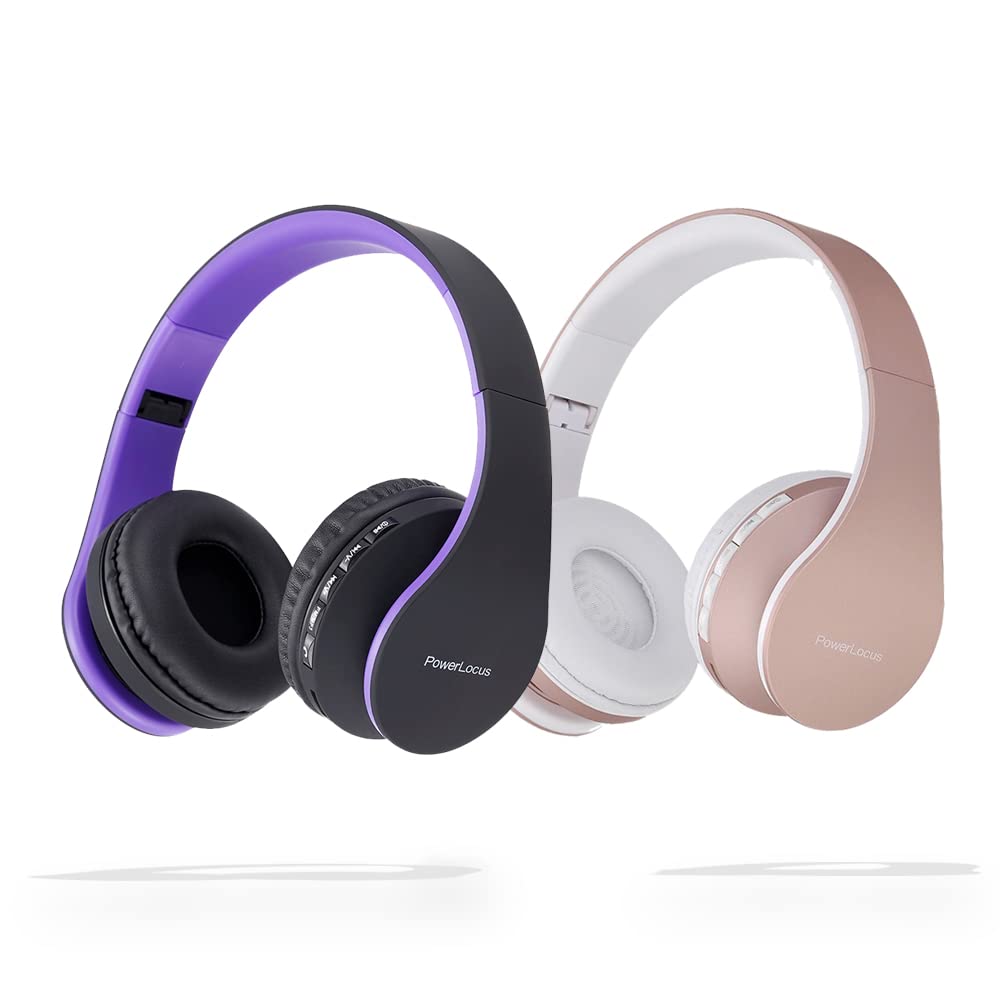 PowerLocus Rose Gold Wireless Bluetooth Headphones - Noise Cancelling Over-Ear Headset with Built-in Mic for iPhone Android PC (Black/Purple) - Perfect for Travel, Workouts & Gaming