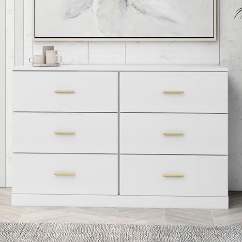 SPACE SENSE 6-Drawer White Dresser with Golden Handles - Solid Wood Double Dresser for Bedroom, Living Room & Nursery Storage - Perfect for Organizing Clothes, Toys and Home Essentials