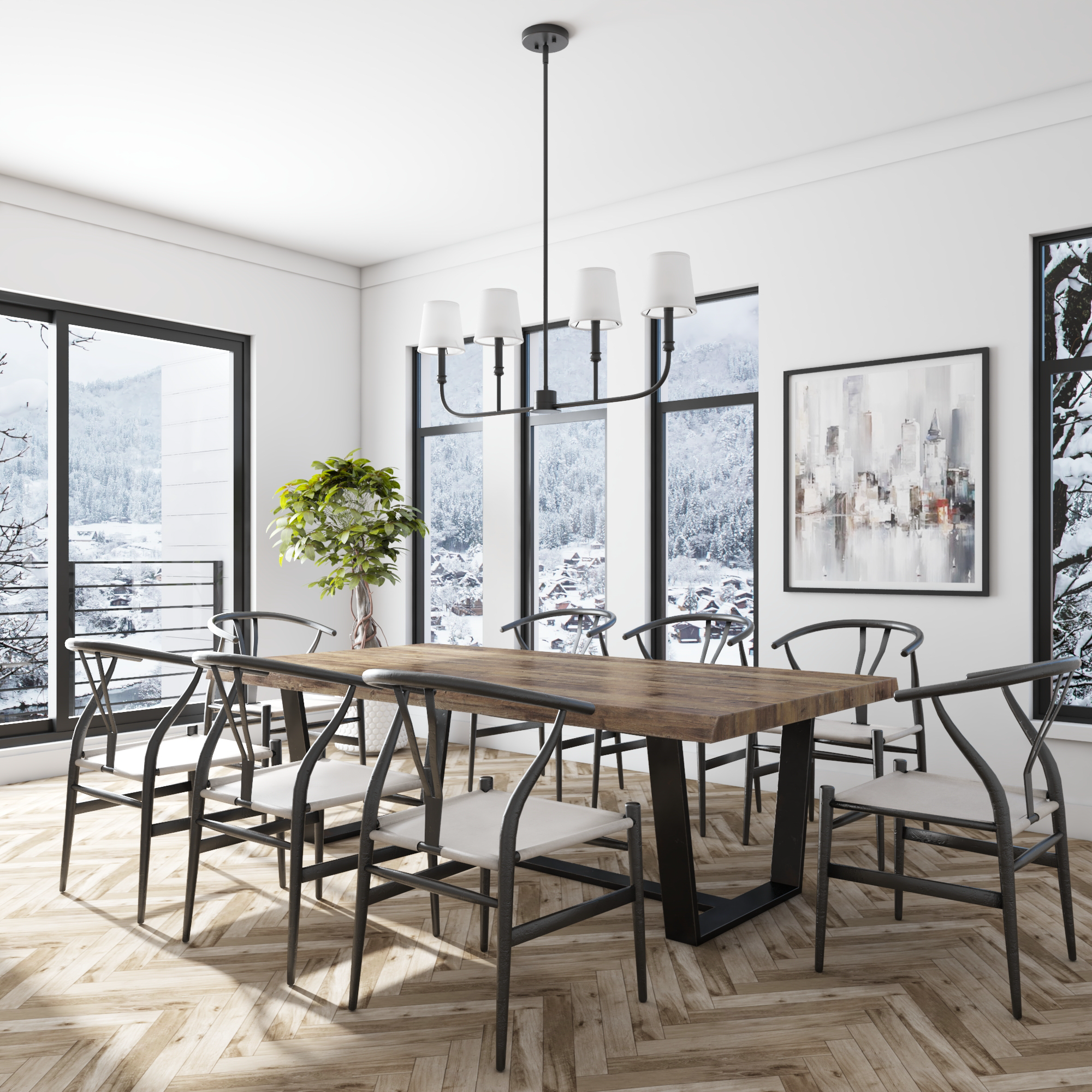 4-Light Billet Linear Chandelier in Matte Black with Fabric Shades - Modern Dining Room Lighting Fixture for Kitchen Island, Living Room or Bedroom