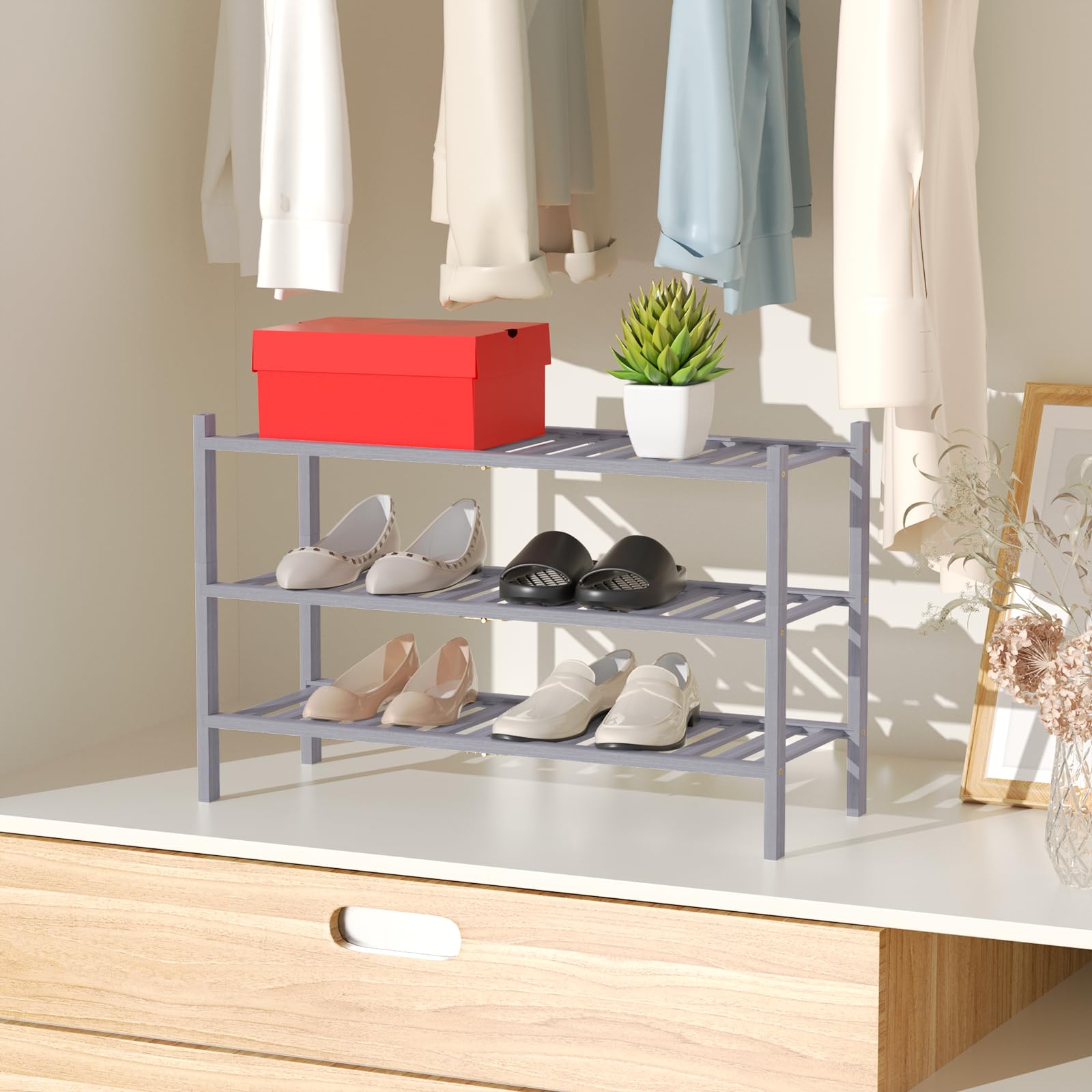 3-Tier Bamboo Shoe Rack Organizer - Free Standing Wooden Shoe Shelf for Closet, Entryway & Small Spaces - Stackable Storage Solution in Gray - Perfect for Apartment, Dorm & Home Organization