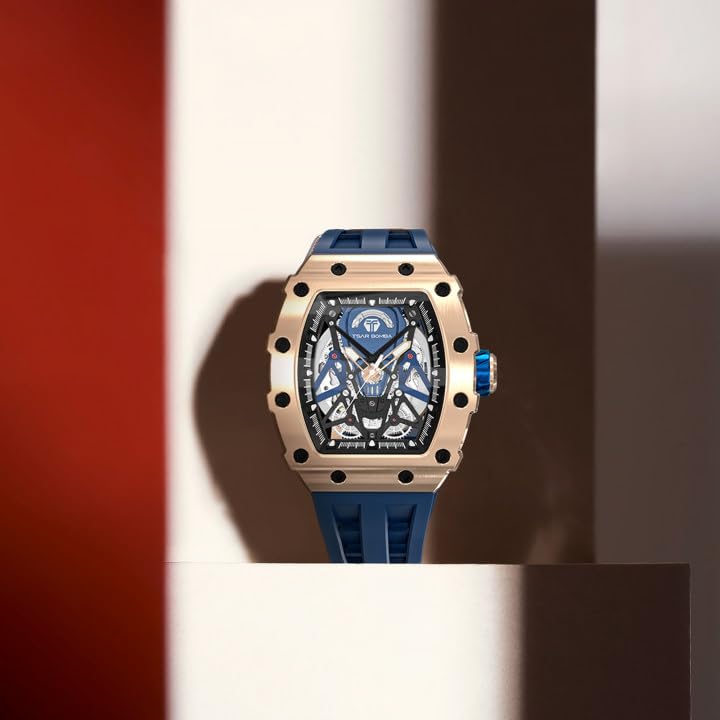 TSAR BOMBA Men's Luxury Automatic Skeleton Watch - Silver Square Big Face with Silicone Strap - 50M Waterproof Analog Wristwatch for Business, Casual & Formal Wear - Unique Cool Gift for Men