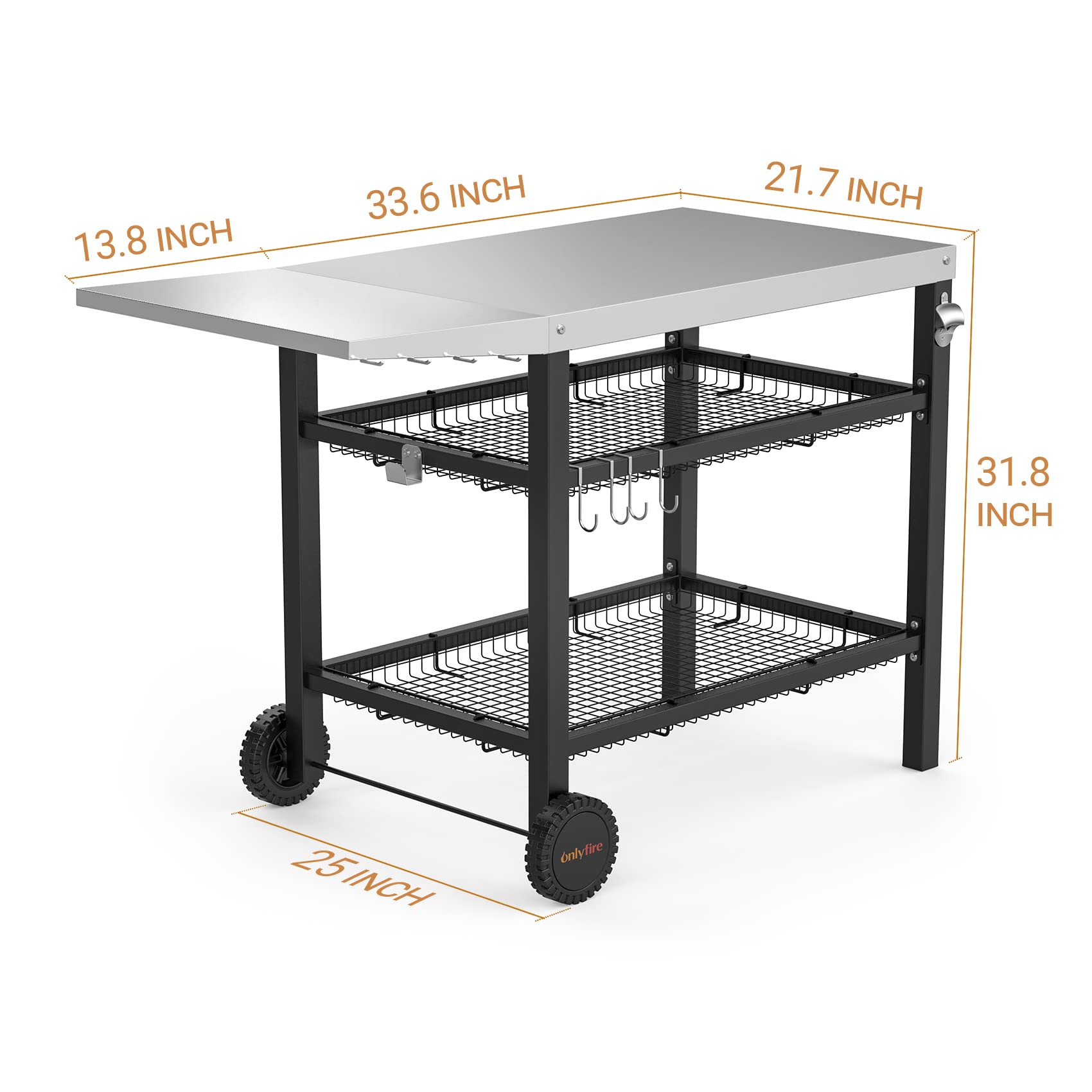 OnlyFire Stainless Steel Pizza Oven Cart for Ooni, Ninja Woodfire, Blackstone - Outdoor Grill Prep Table with Storage Basket & Wheels | Portable Cooking Station for Backyard, Patio & Camping Pizza Parties