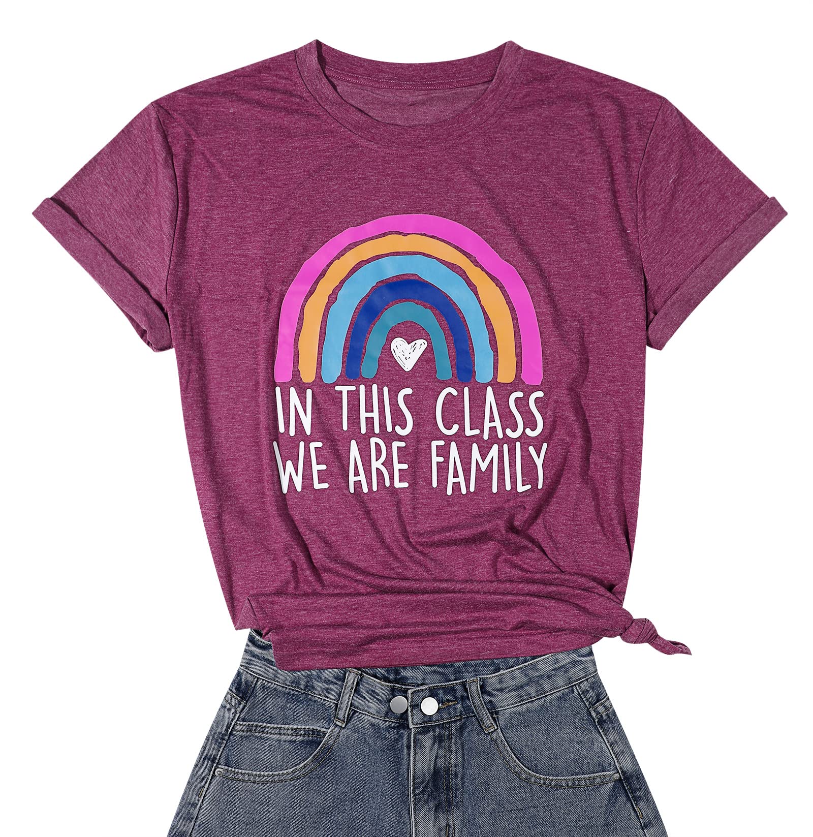 Rainbow 'In This Class We Are Family' Graphic Teacher T-Shirt for Women - Inspirational Teaching Tee, Comfortable Cotton Shirt, Perfect Teacher Appreciation Gift for Educators, Back to School, Classroom Wear