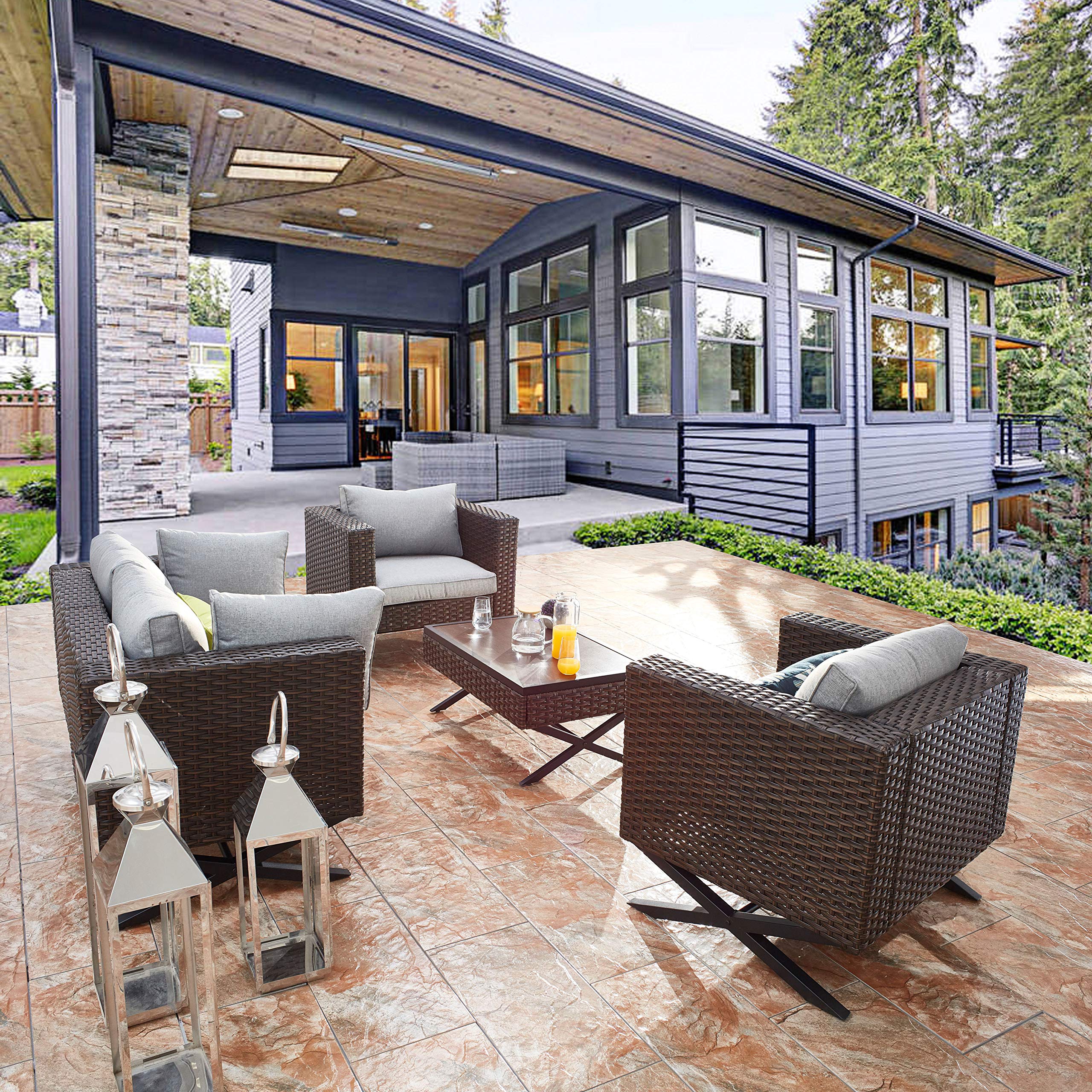 Romayard 5-Piece Outdoor Sectional Sofa Set - PE Rattan Patio Furniture with X-Leg Design & 10 Cushions - Perfect for Backyard, Garden, Poolside and Deck Relaxation