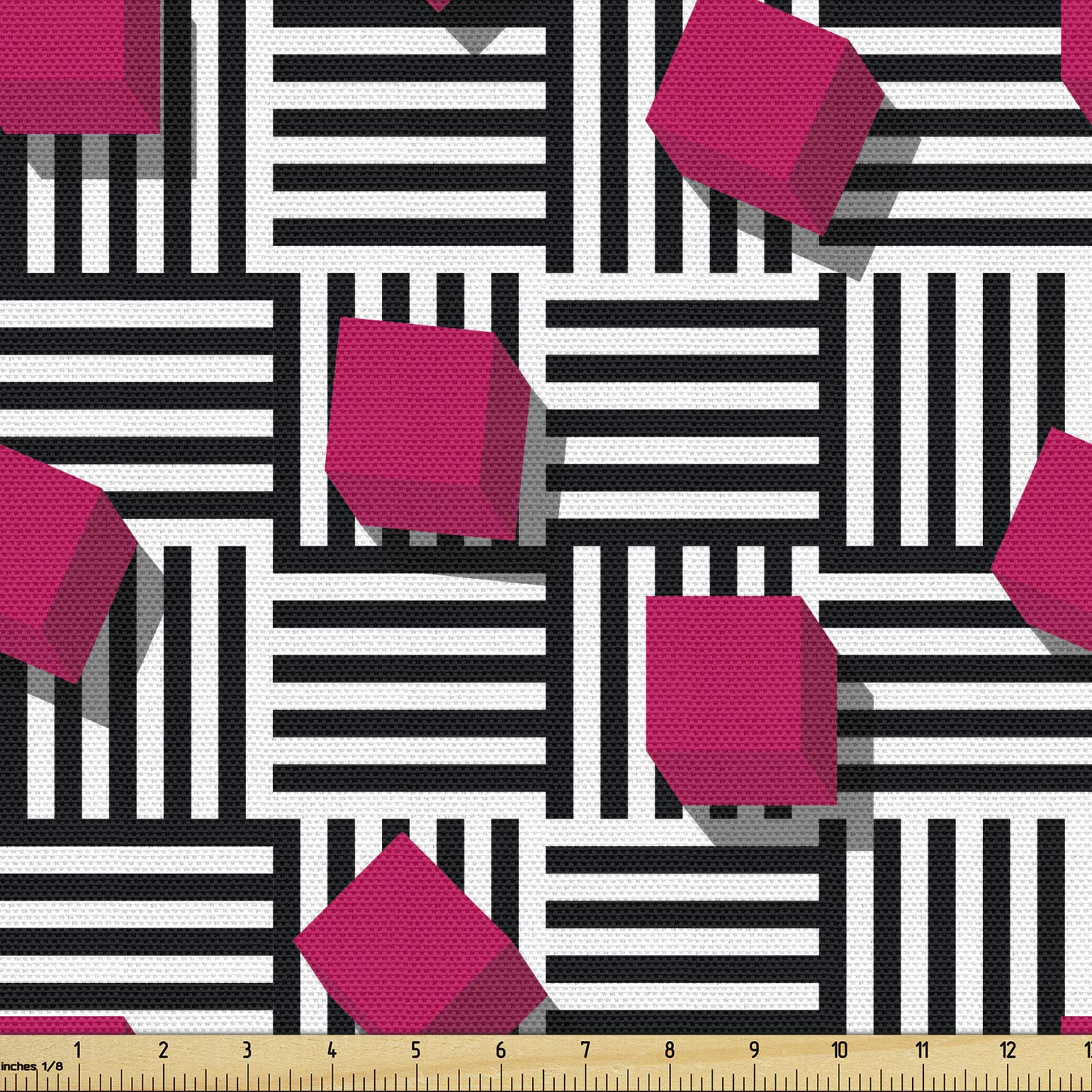 Ambesonne Abstract Geometric Minimalist Lines & Square Cubes Print Fabric by The Yard - 10 Yards Magenta Black & White - Upholstery, Curtains, Pillows, Teen Room Decor & Home Accents